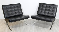 Mid-Century Modern Pair of Barcelona Style Leather Chrome Lounge Chairs