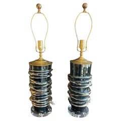 Vintage Mid-Century Modern Pair Barovier Venetian Swirl Murano Iridescent Glass Lamps