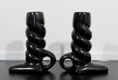 Mid-Century Modern Blackware Pottery Candlesticks Signed by Jennie Trammel Pair