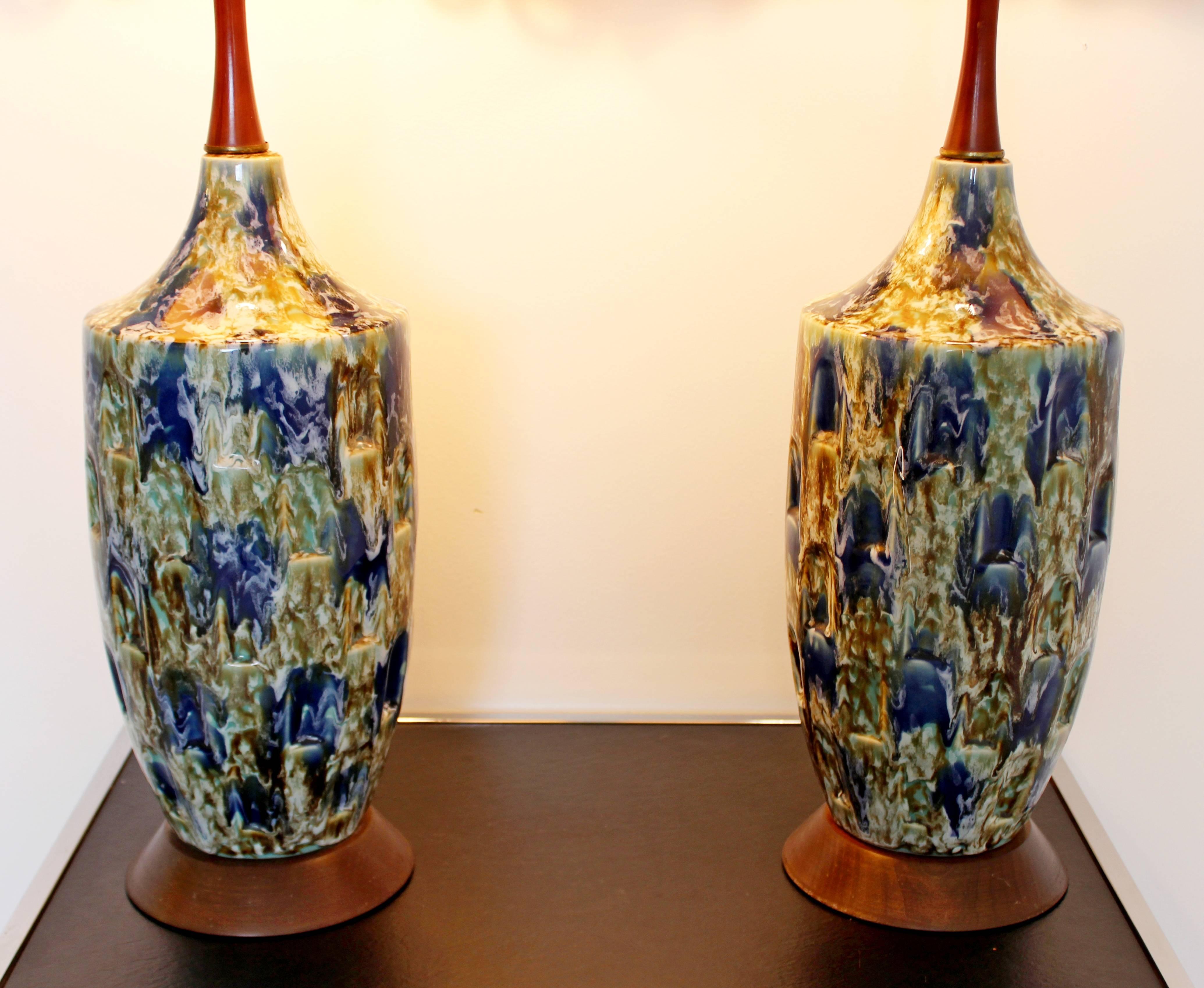 American Mid-Century Modern Blue Drip Lava Glaze Ceramic Table Lamps 1960s Finials, Pair