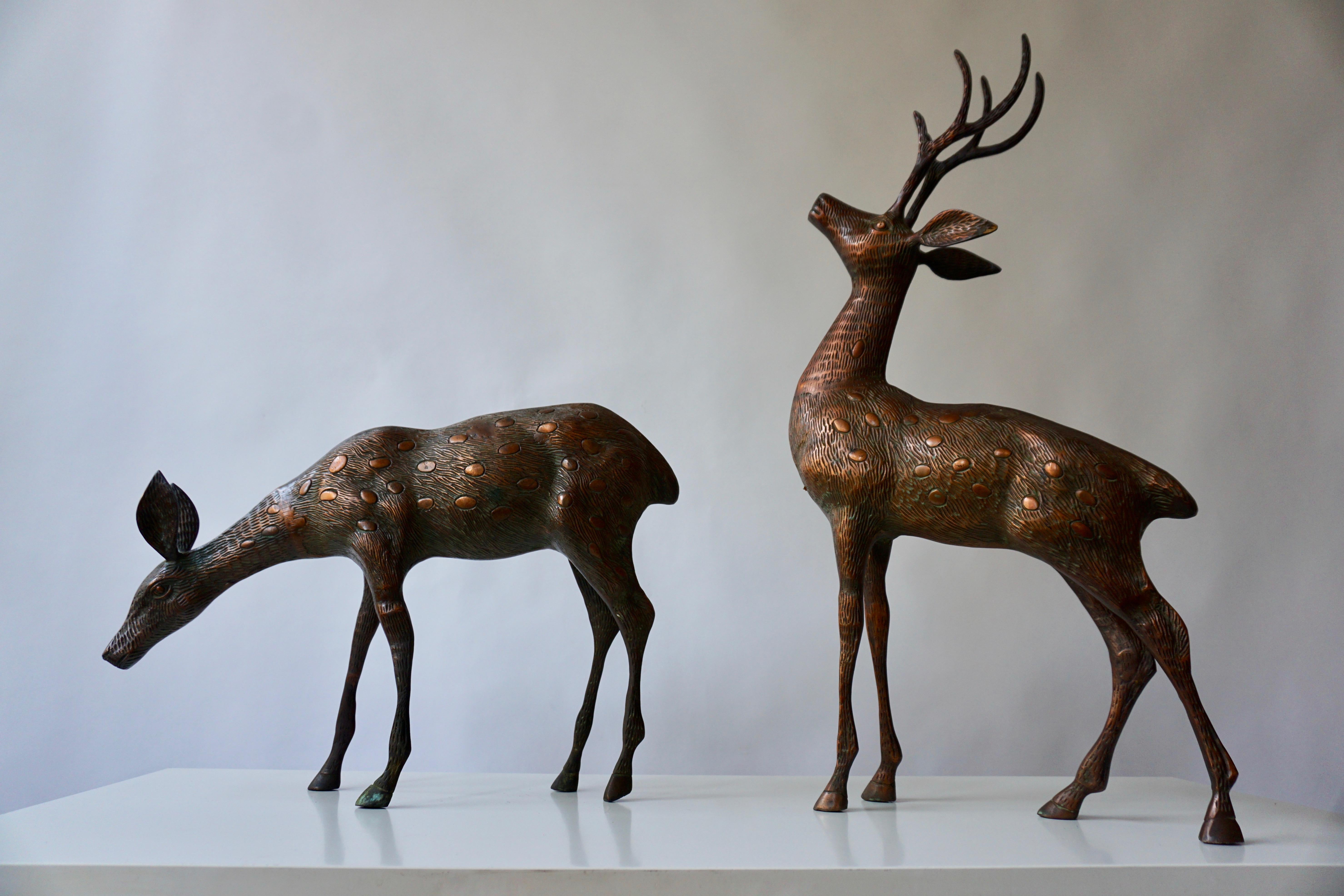 For your consideration is an incredible pair of vintage, bronze statues of deer. In excellent condition.
The dimensions of the larger are 32 cm W x 11 cm D x 62 cm H and the dimensions of the smaller are 45 cm W x 10 cm D x 32 cm H.