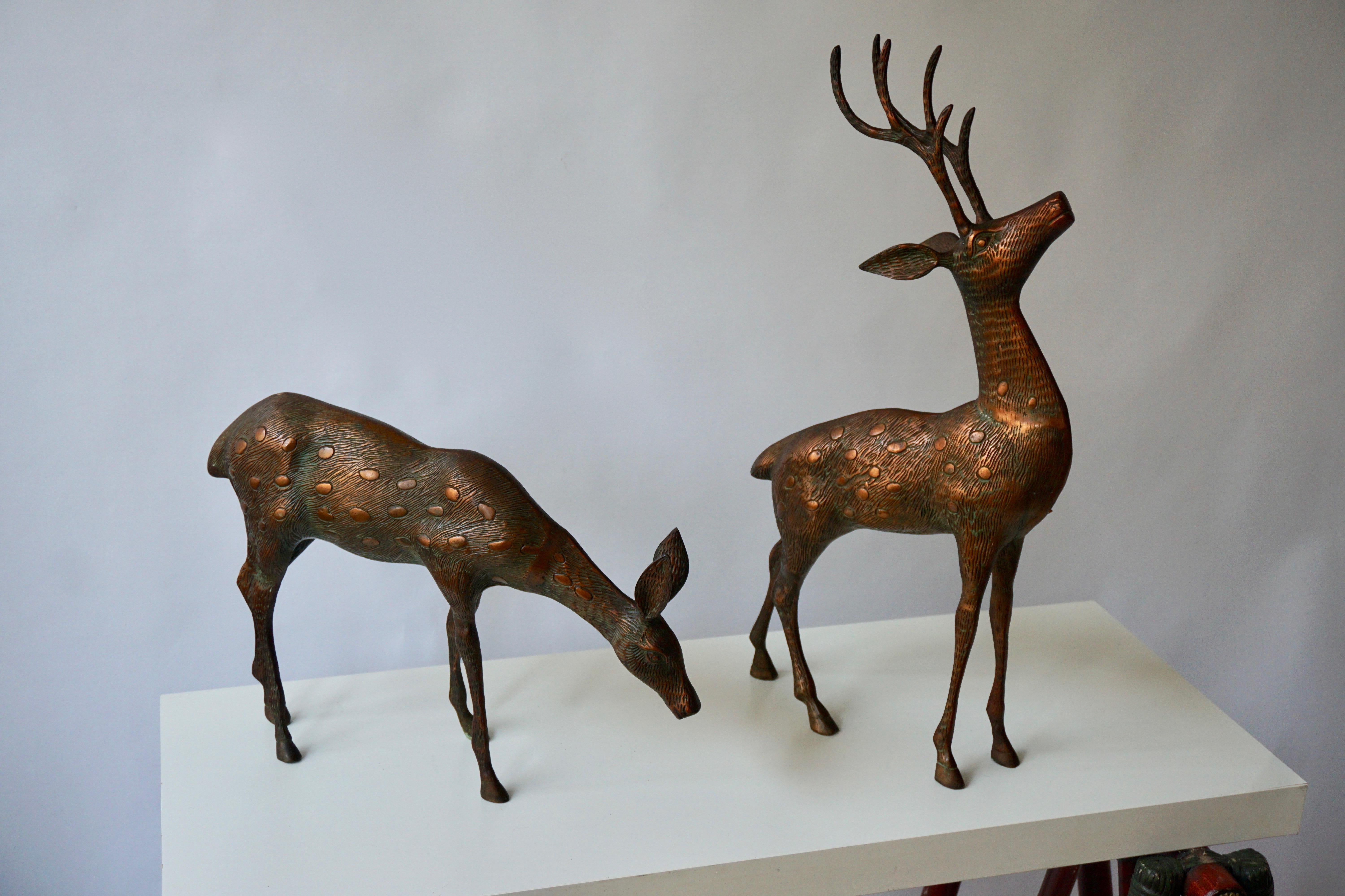 Italian Mid-Century Modern Pair Brass Bronze Deer Floor Sculptures Statues