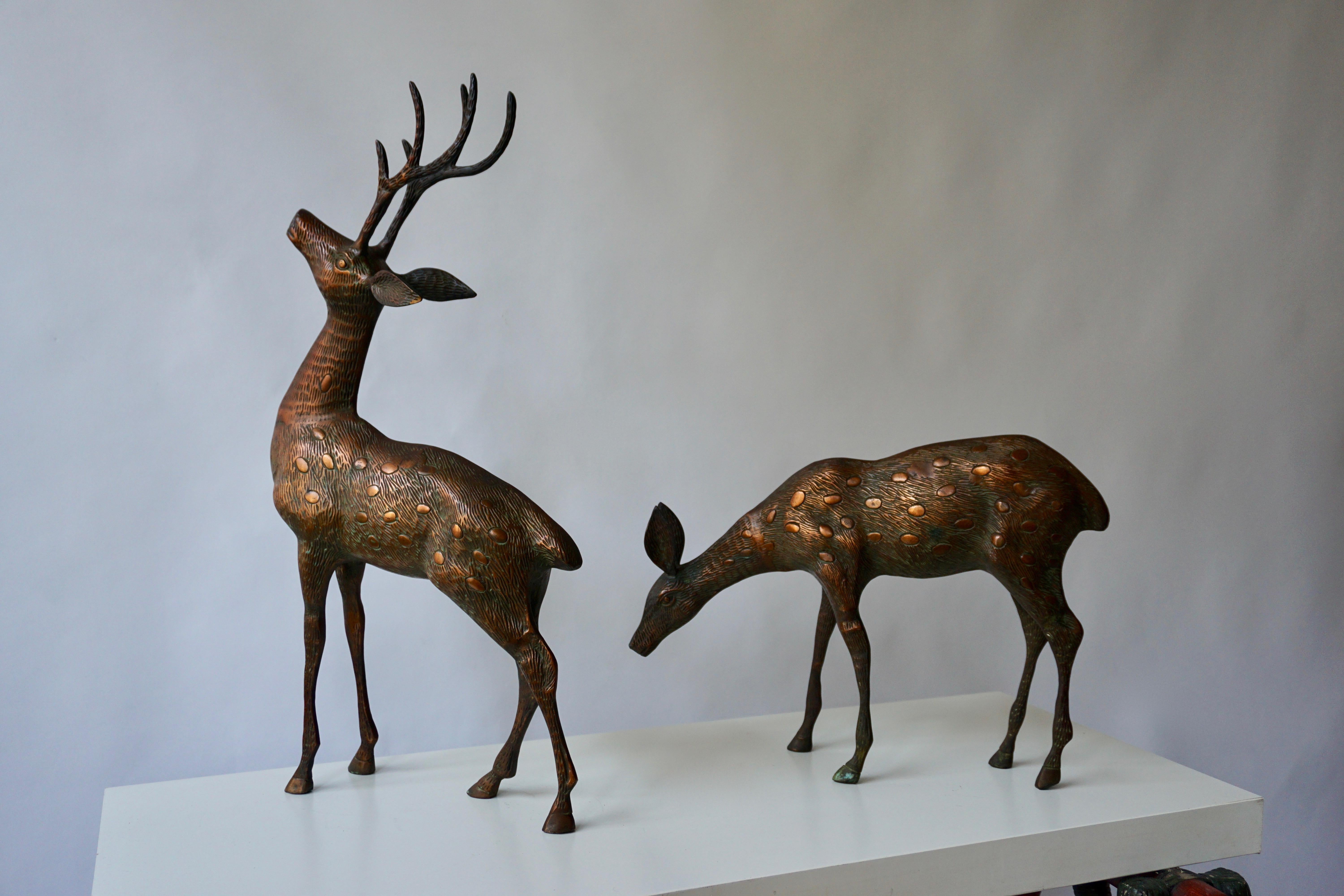 20th Century Mid-Century Modern Pair Brass Bronze Deer Floor Sculptures Statues