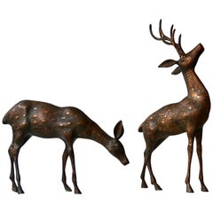 Mid-Century Modern Pair Brass Bronze Deer Floor Sculptures Statues
