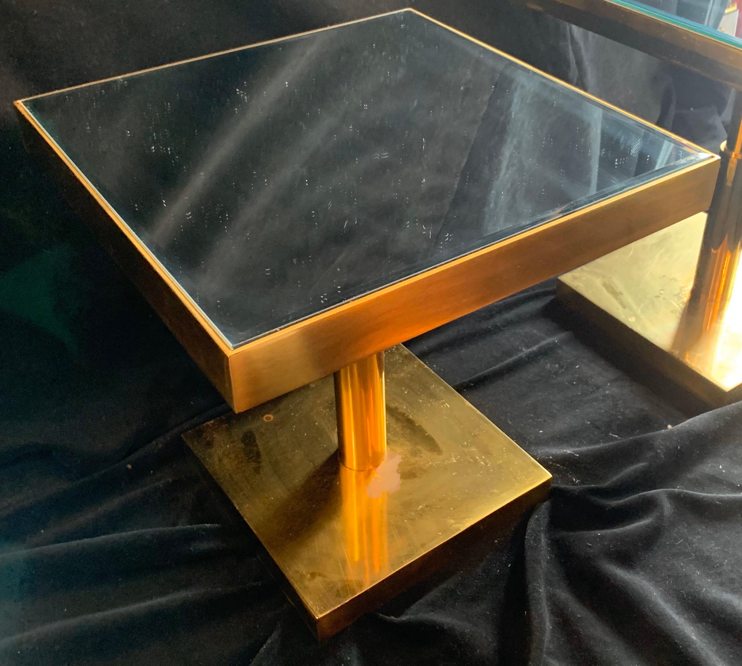 20th Century Mid-Century Modern Pair of Bronze Beveled Mirror Telescoping Square Side Table