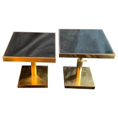 Mid-Century Modern Pair of Bronze Beveled Mirror Telescoping Square Side Table