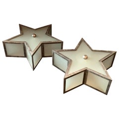 Mid-Century Modern Pair Bronze Silver Gilt Star Glass Flush Mount Light Fixtures