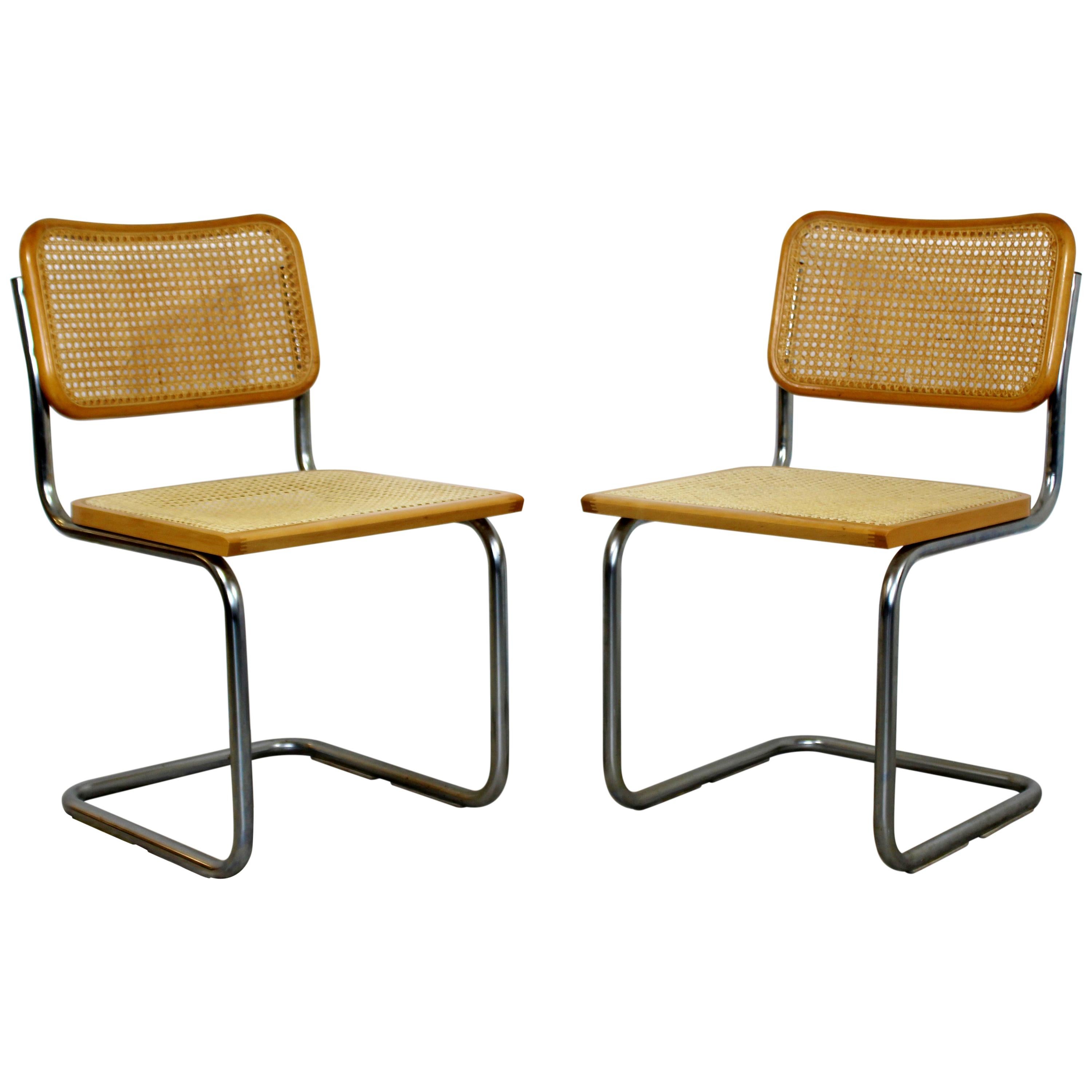 Mid-Century Modern Cantilever Chrome Rattan Side Chairs Breuer 1970s Italy, Pair