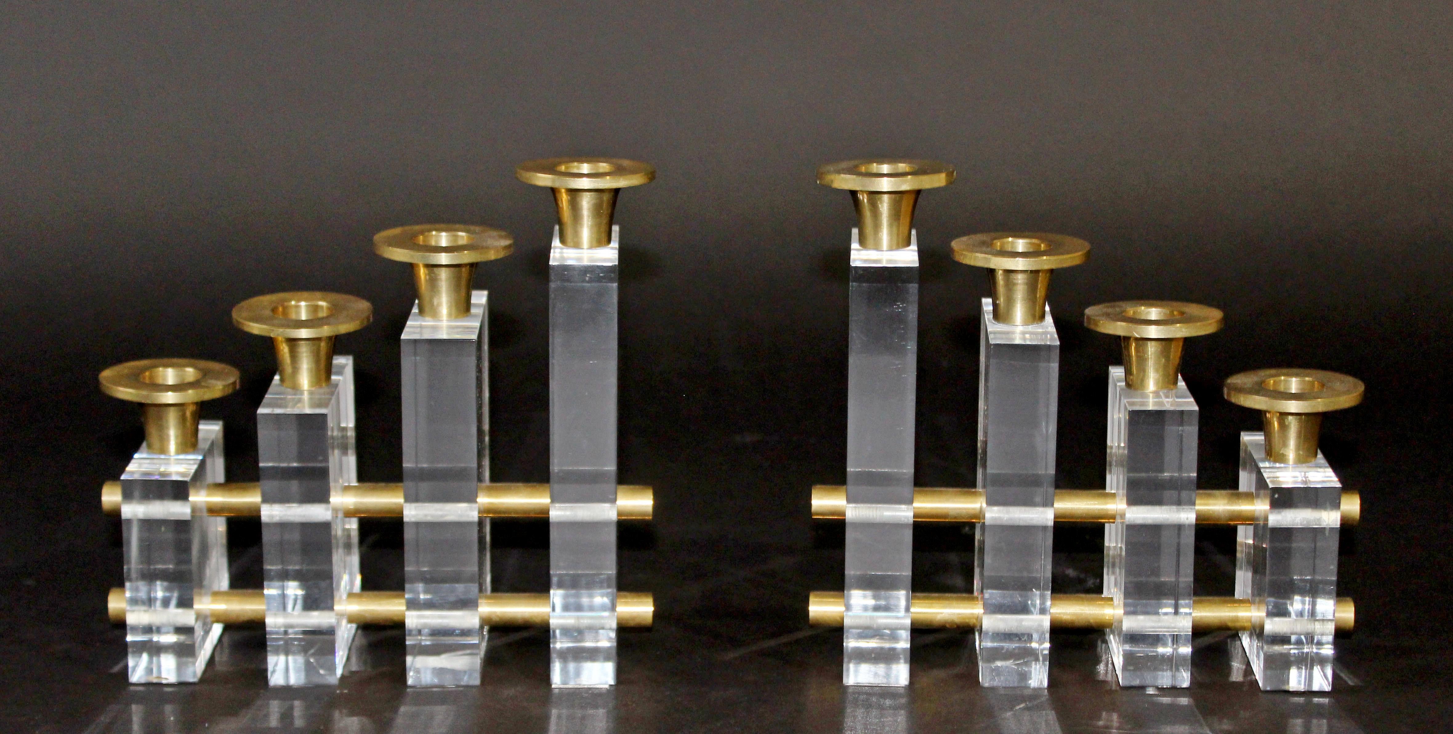 Mid-Century Modern Pair Charles Hollis Jones Lucite Brass Candle Holders, 1970s In Good Condition In Keego Harbor, MI