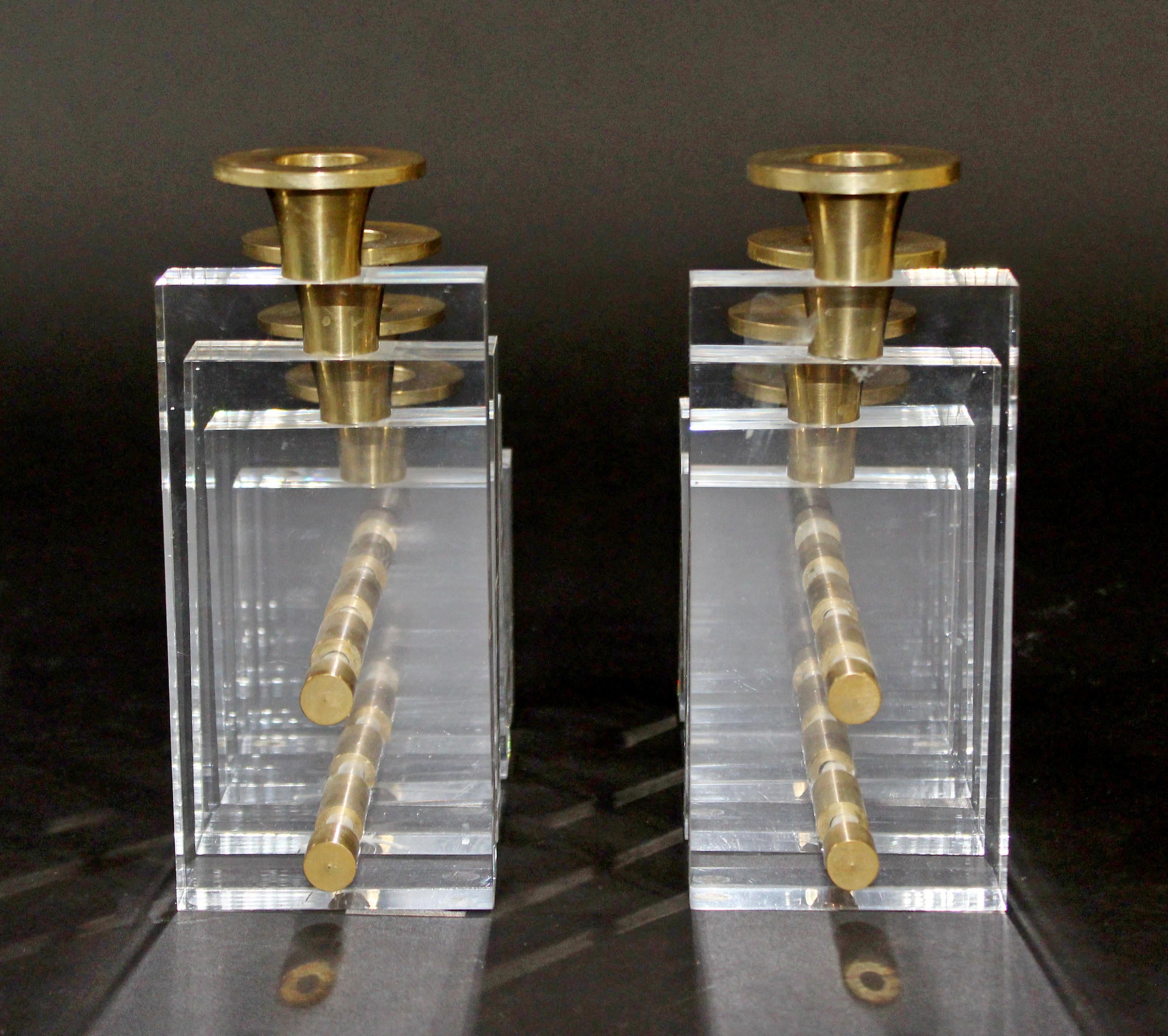Mid-Century Modern Pair Charles Hollis Jones Lucite Brass Candle Holders, 1970s 1