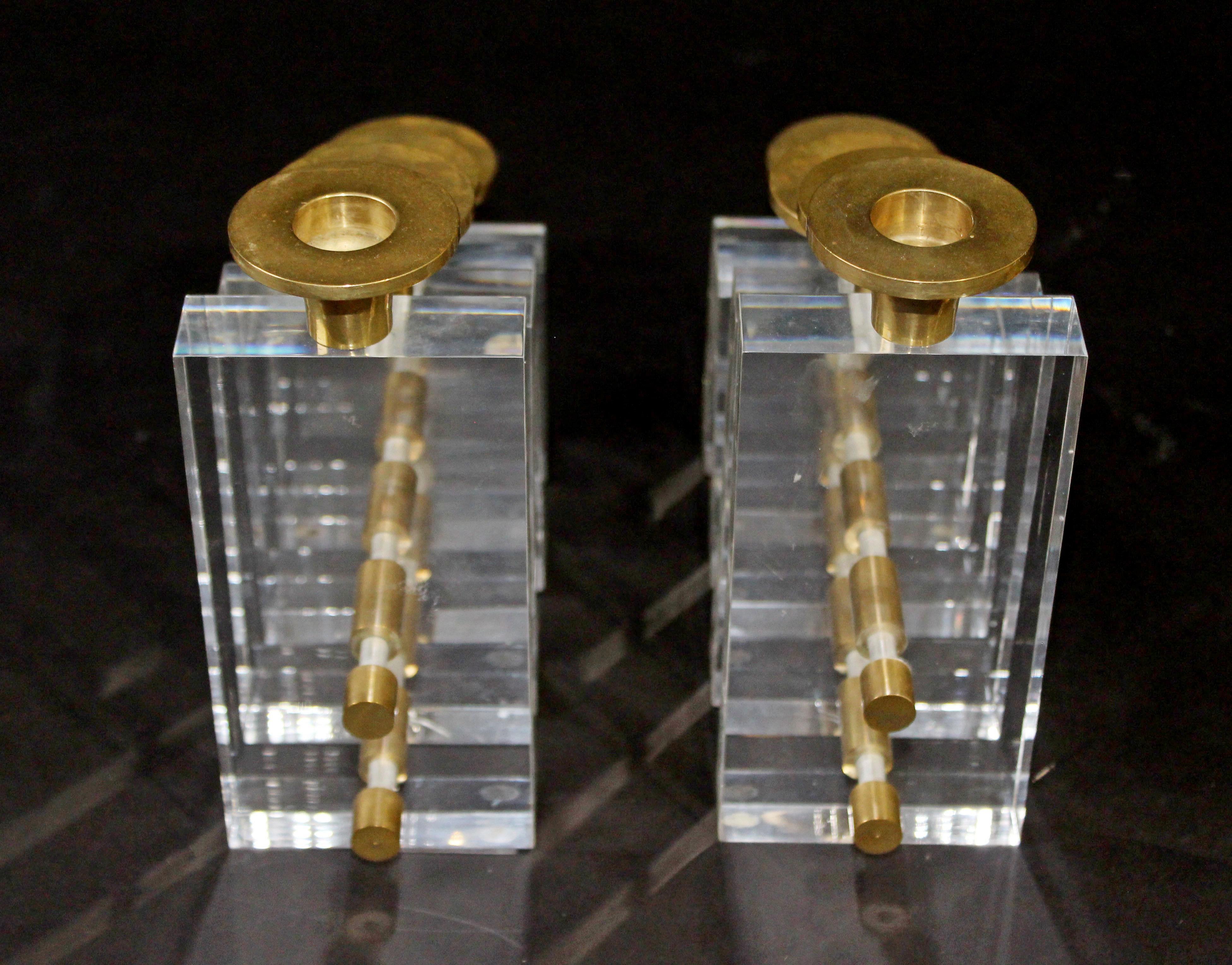 Mid-Century Modern Pair Charles Hollis Jones Lucite Brass Candle Holders, 1970s 2
