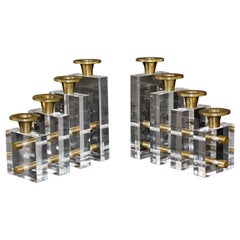 Mid-Century Modern Pair Charles Hollis Jones Lucite Brass Candle Holders, 1970s