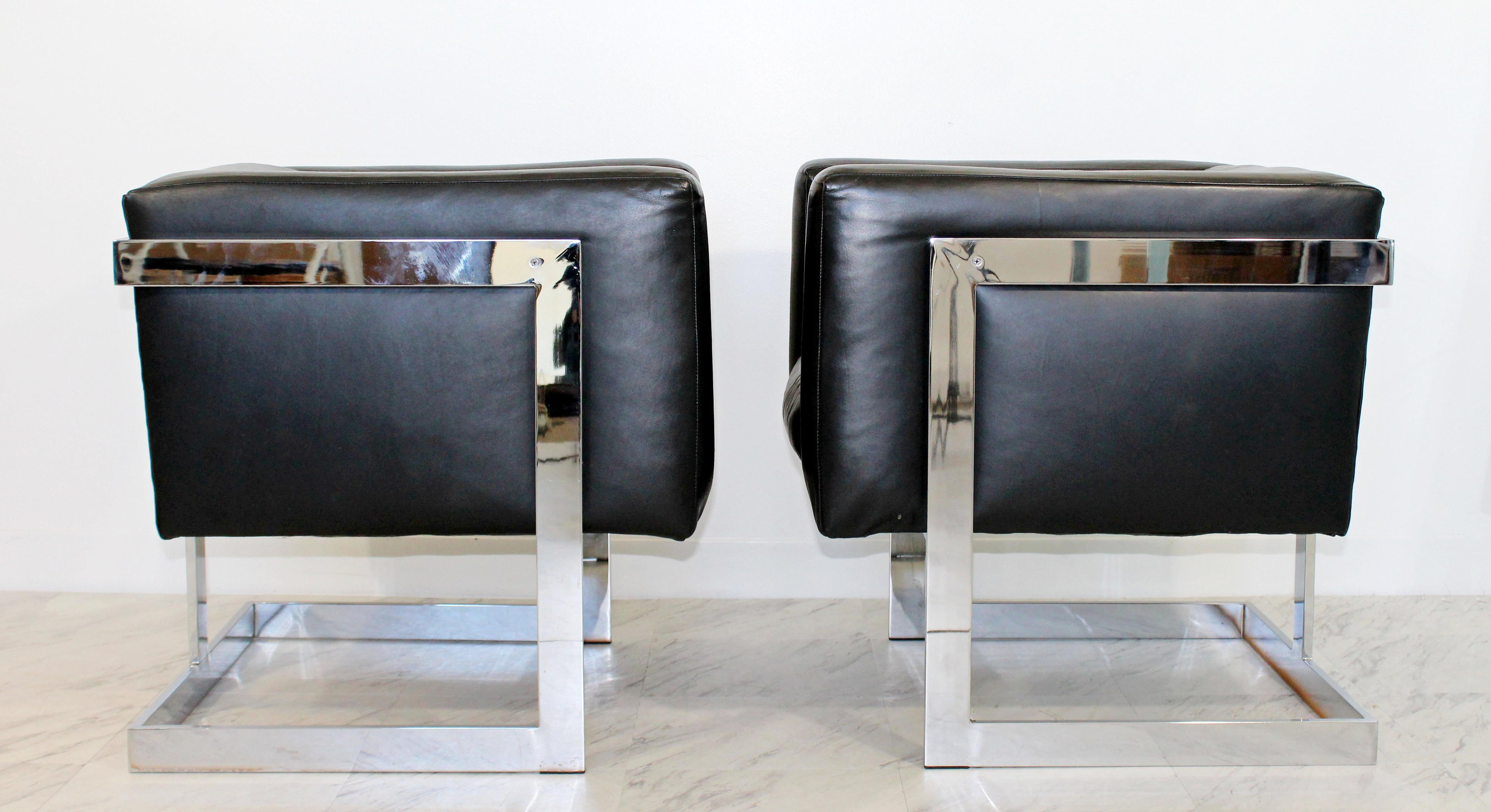 American Mid-Century Modern Pair Chrome Black Leather Cube Lounge Armchairs Baughman