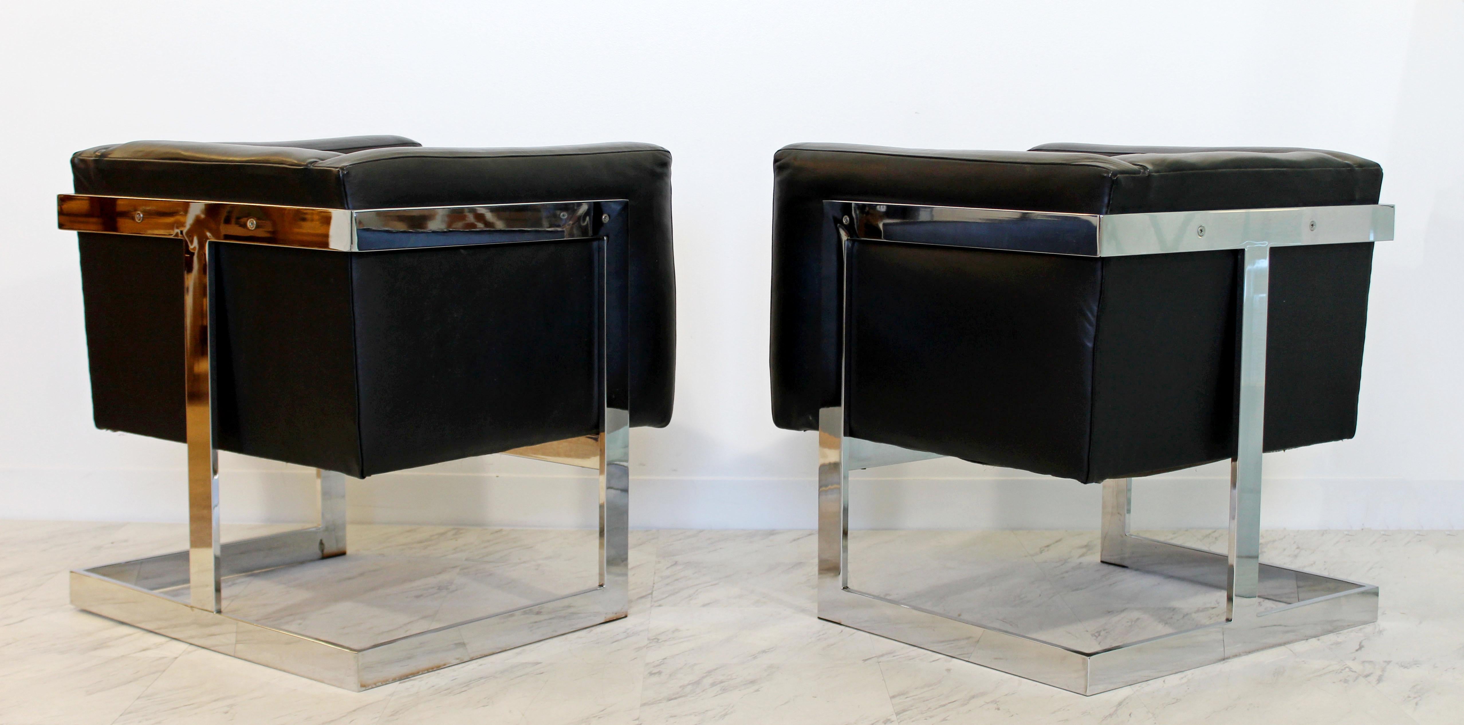 Mid-Century Modern Pair Chrome Black Leather Cube Lounge Armchairs Baughman In Good Condition In Keego Harbor, MI