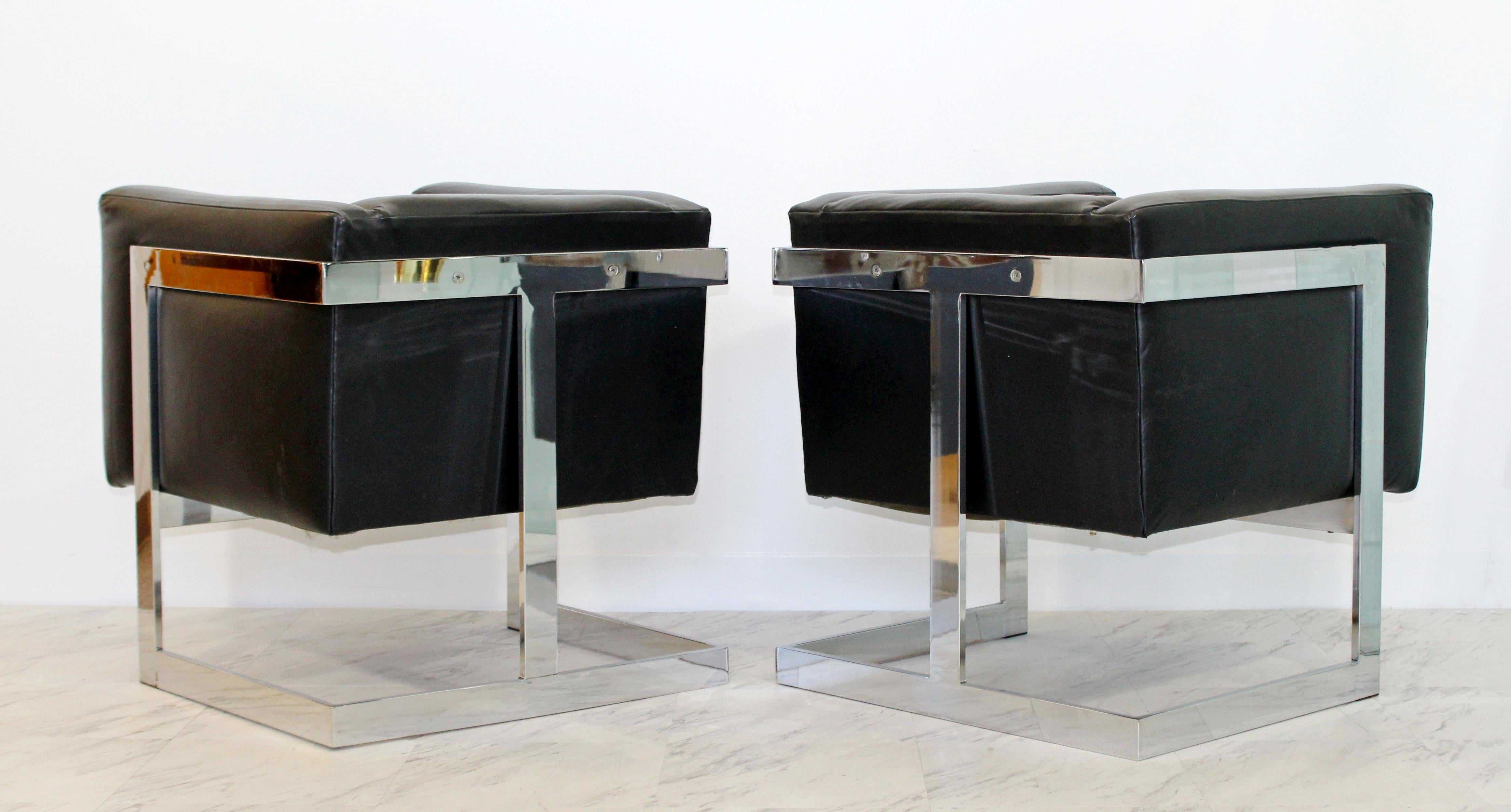 Mid-Century Modern Pair Chrome Black Leather Cube Lounge Armchairs Baughman 1