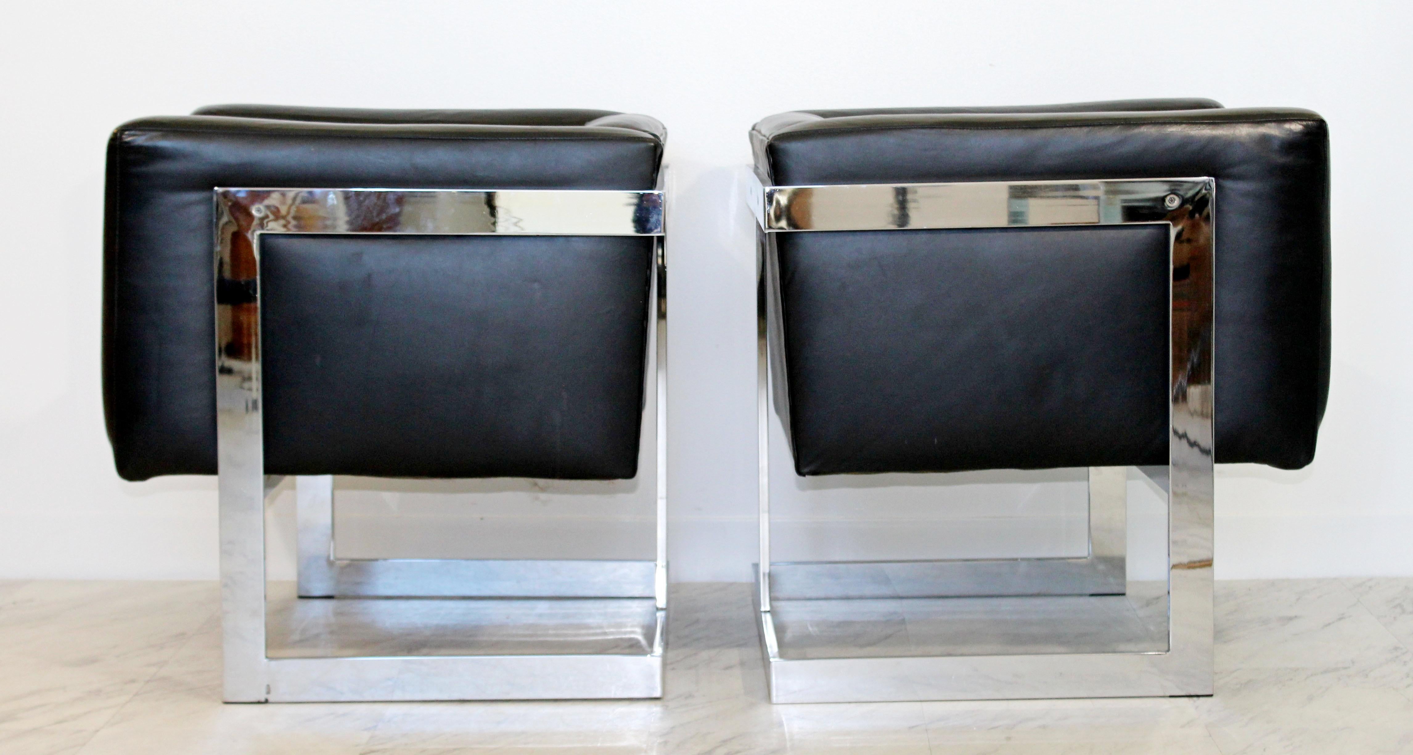Mid-Century Modern Pair Chrome Black Leather Cube Lounge Armchairs Baughman 2