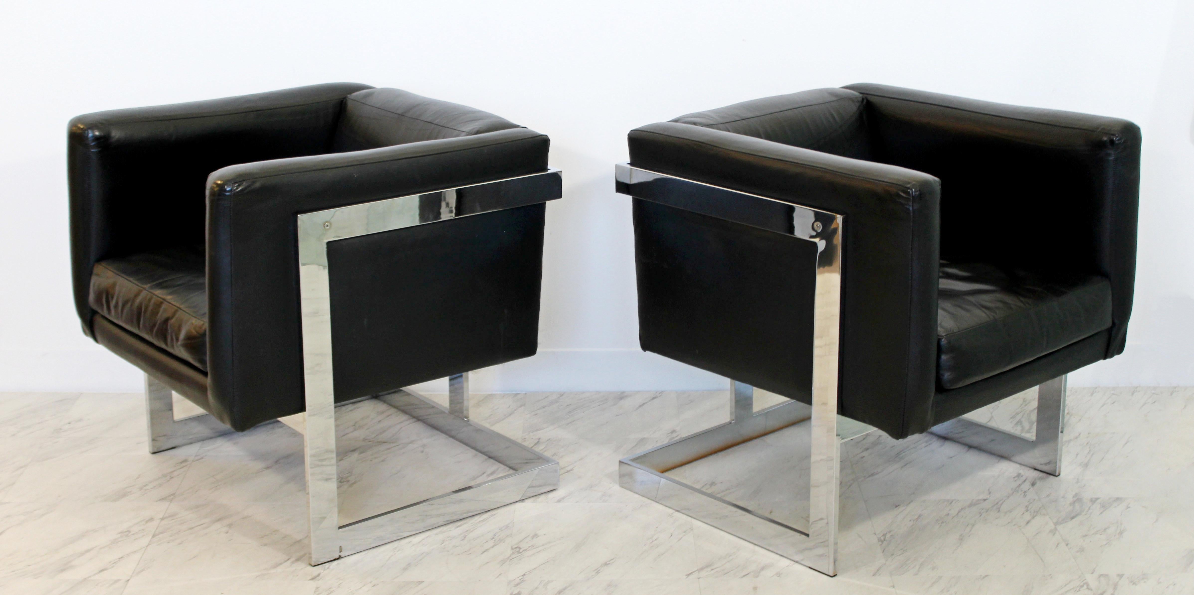 Mid-Century Modern Pair Chrome Black Leather Cube Lounge Armchairs Baughman 3