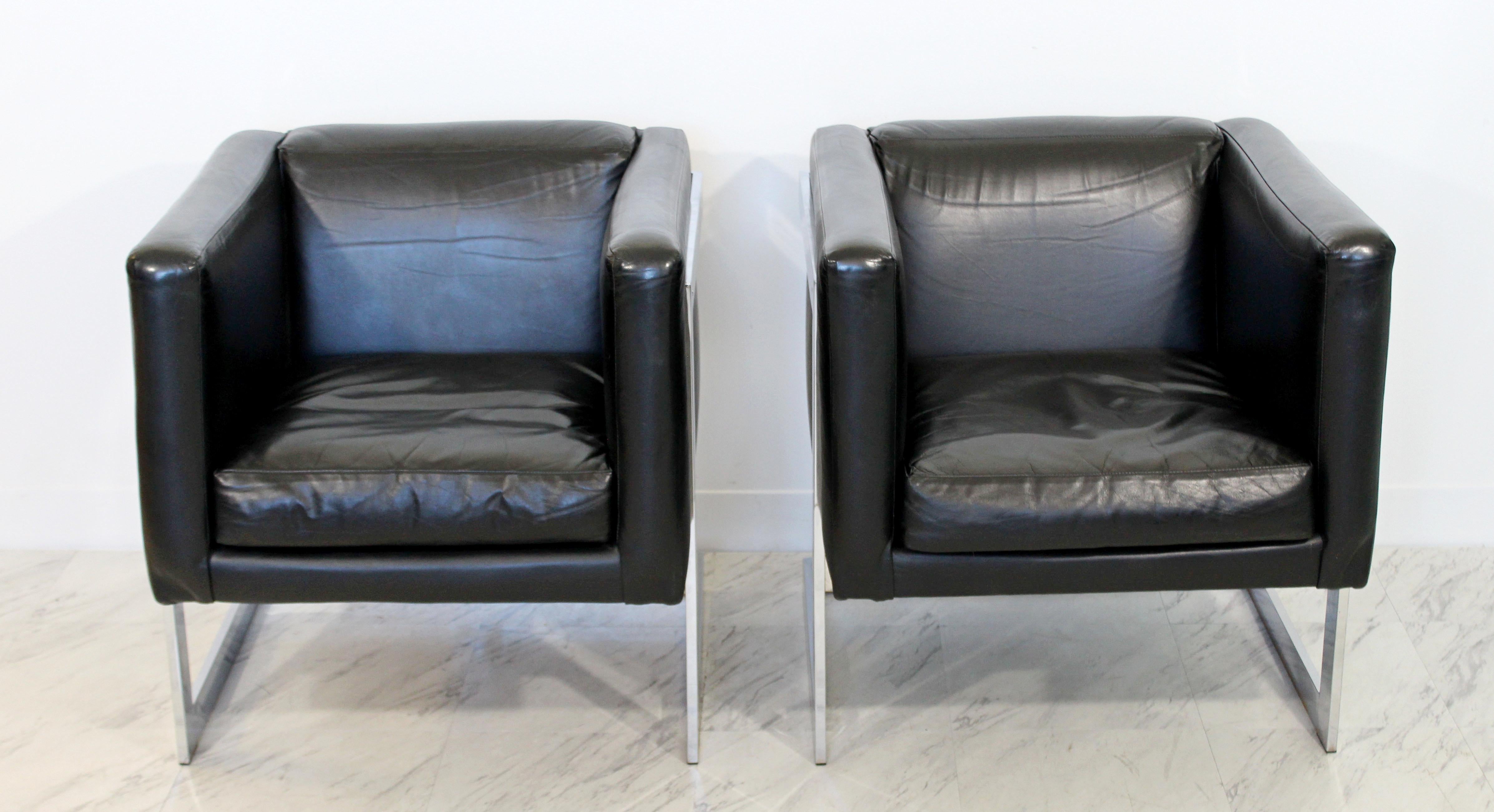 Mid-Century Modern Pair Chrome Black Leather Cube Lounge Armchairs Baughman 4