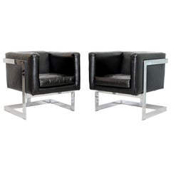 Mid-Century Modern Pair Chrome Black Leather Cube Lounge Armchairs Baughman