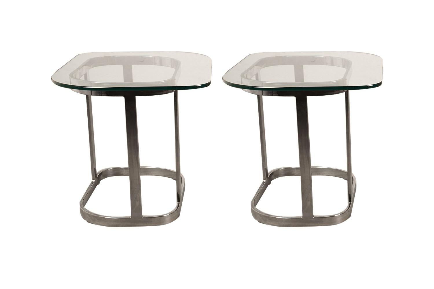 Unknown Mid-Century Modern Pair Chrome Glass Side End Tables  For Sale