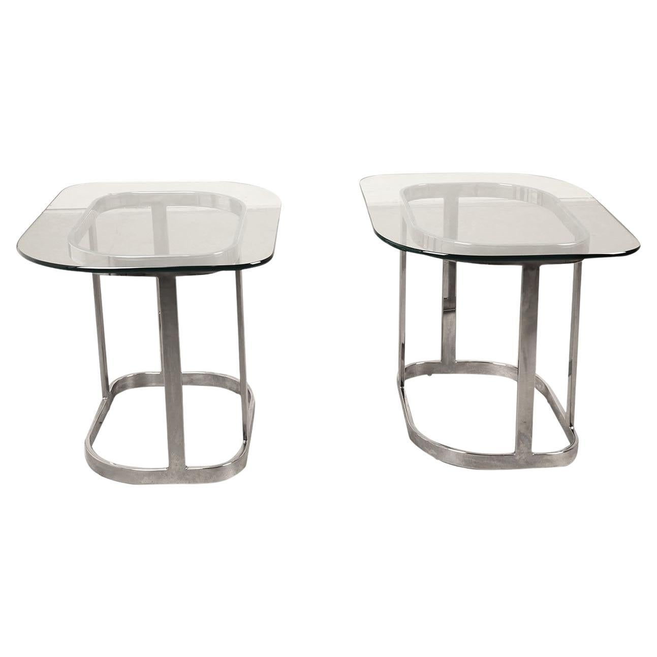Mid-Century Modern Pair Chrome Glass Side End Tables 