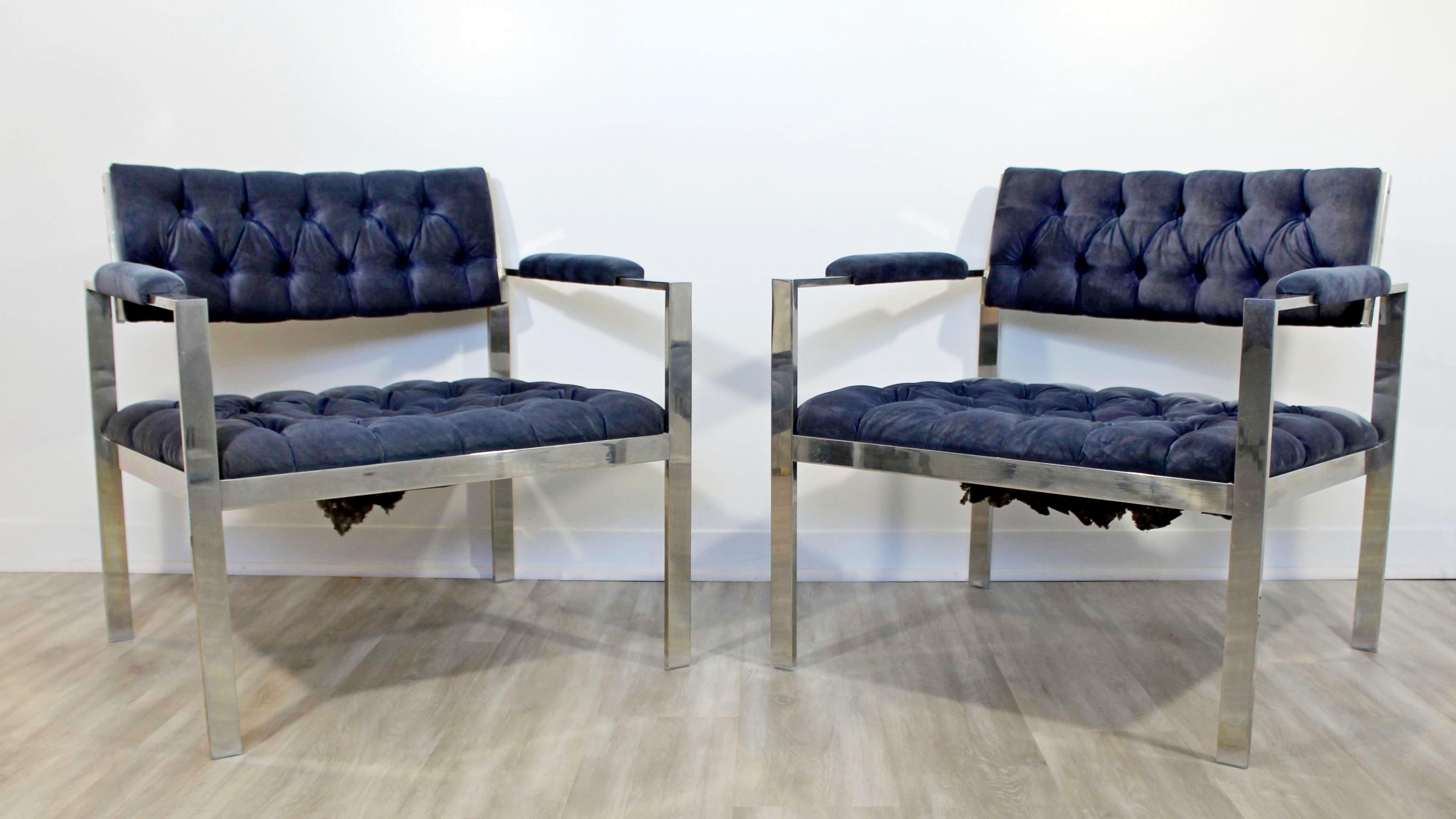 For your consideration are a phenomenally chic pair of Harvey Probber chairs and ottoman, with tufted blue velvet on chrome bases, circa the 1970s. In very good vintage condition with some spots on the fabric. The dimensions of the chairs are 29