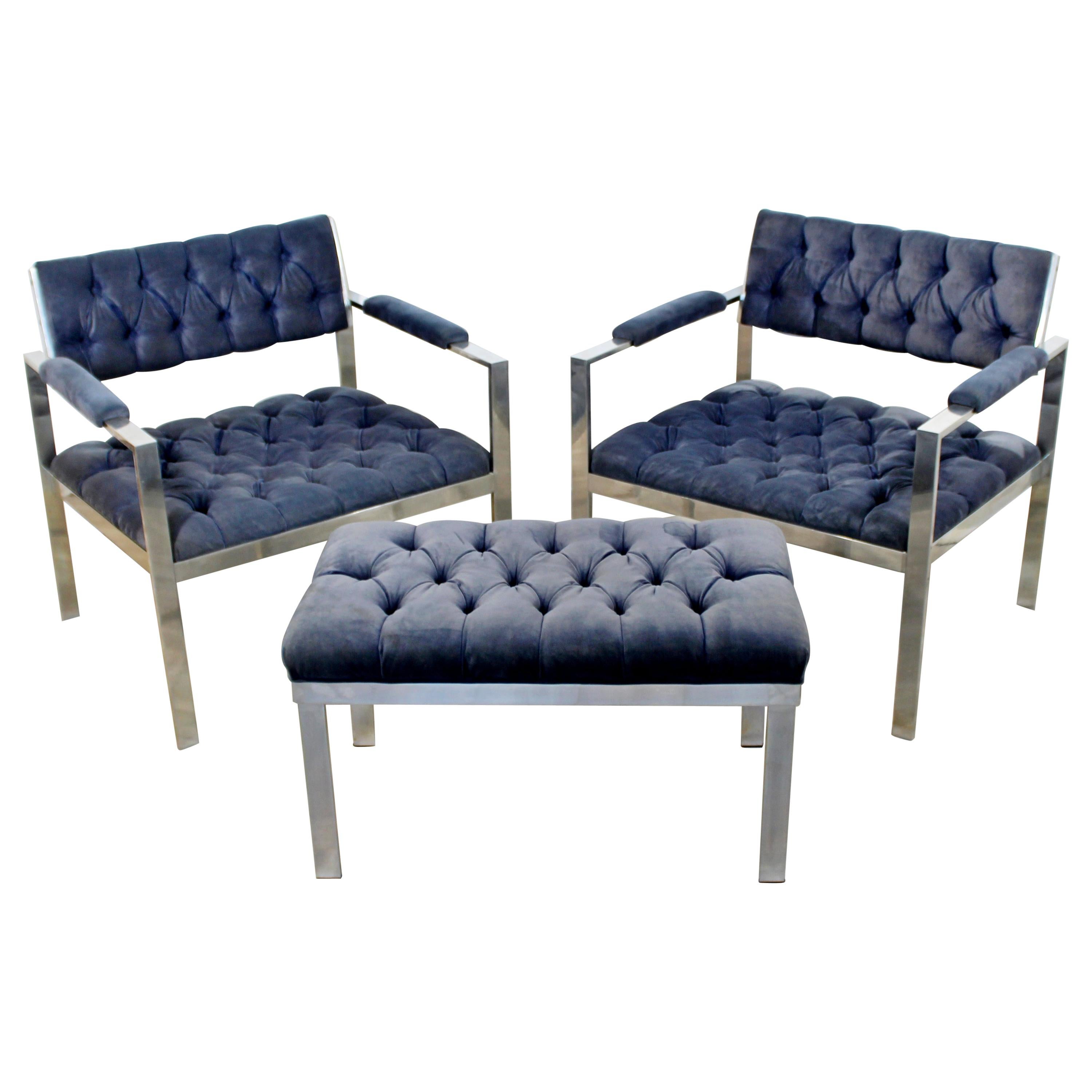 Mid-Century Modern Pair of Chrome Lounge Chairs Harvey Probber Ottoman Bench