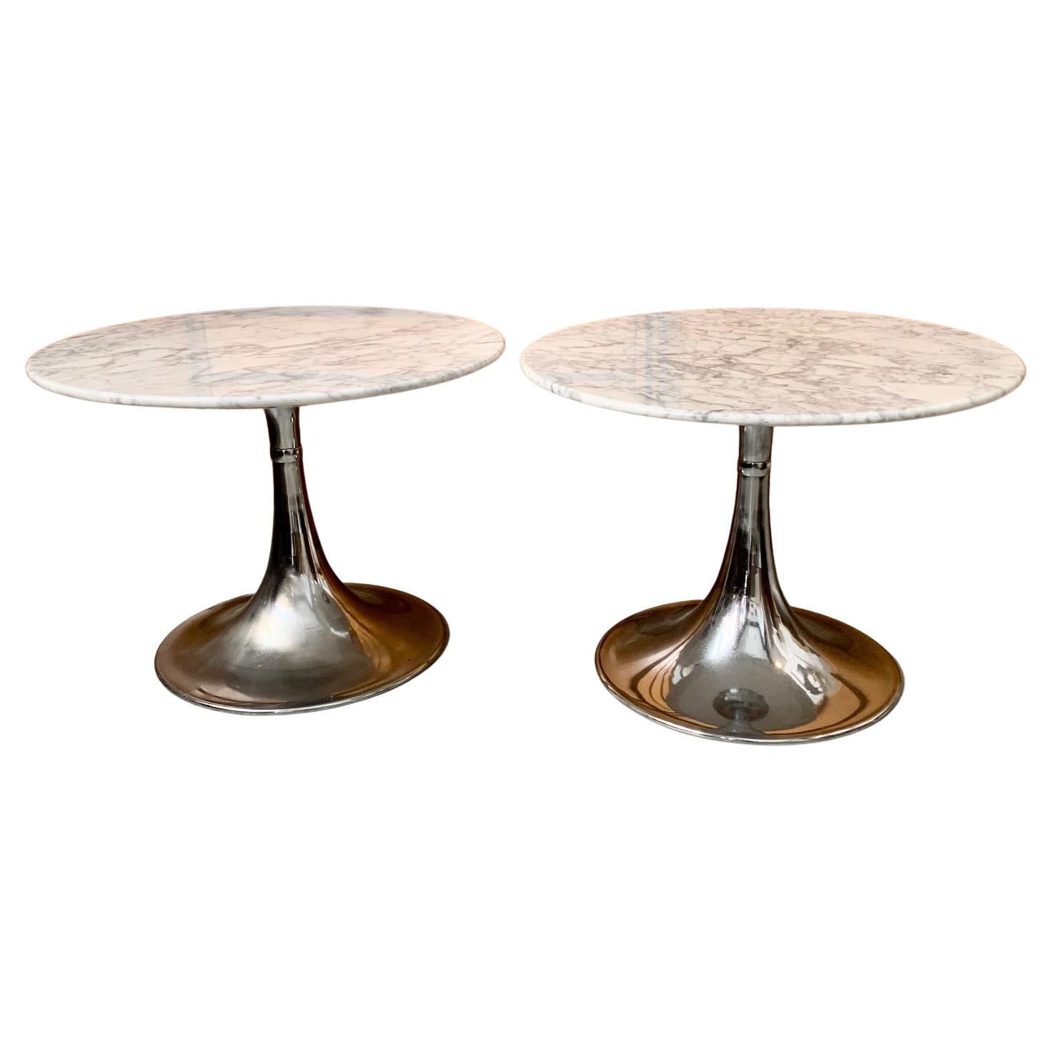 Mid-Century Modern Pair Chrome Metal and Marble Swivels Side Tables, 1960