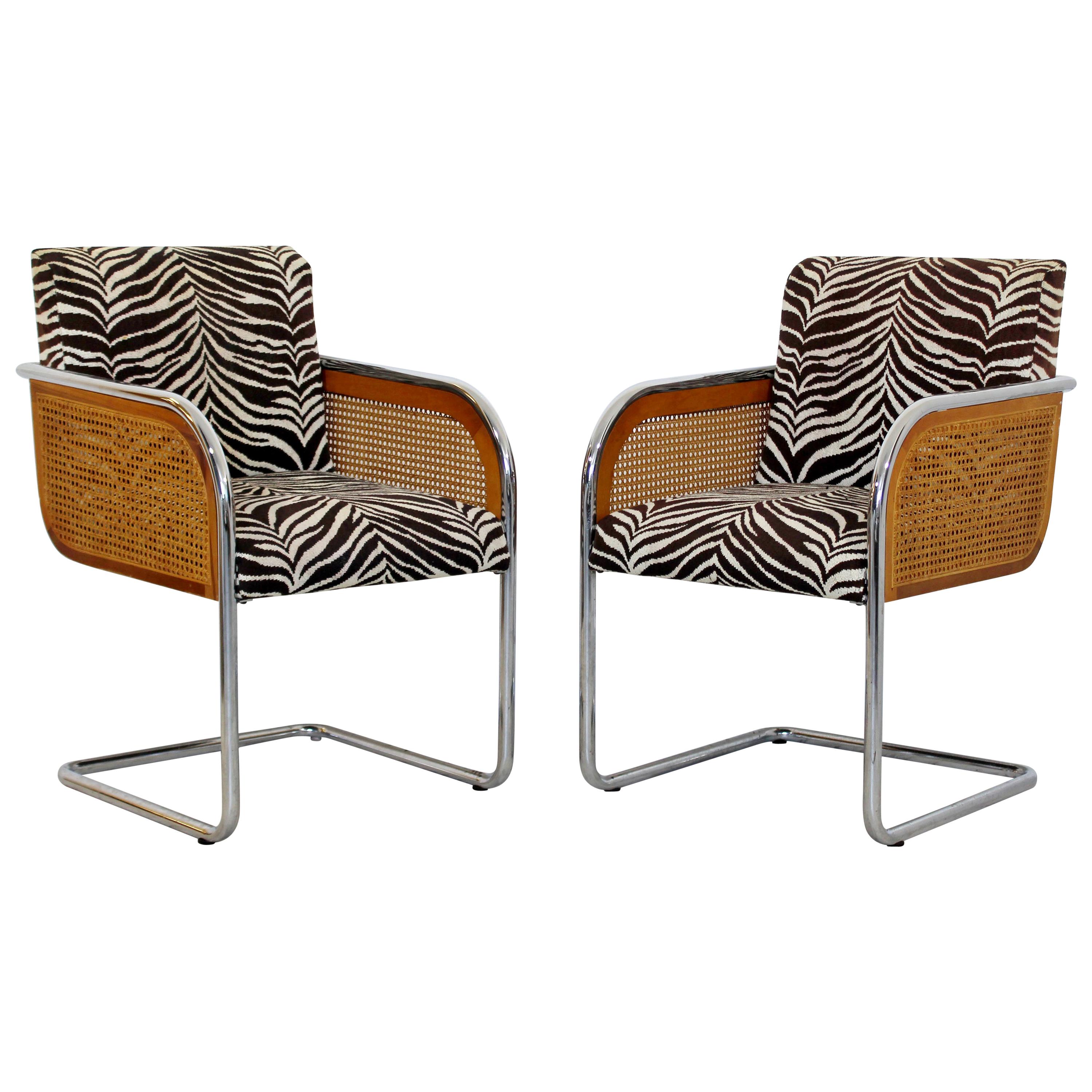Mid-Century Modern Pair Chrome Rattan Armchairs Baughman Breuer Era 1970s Zebra