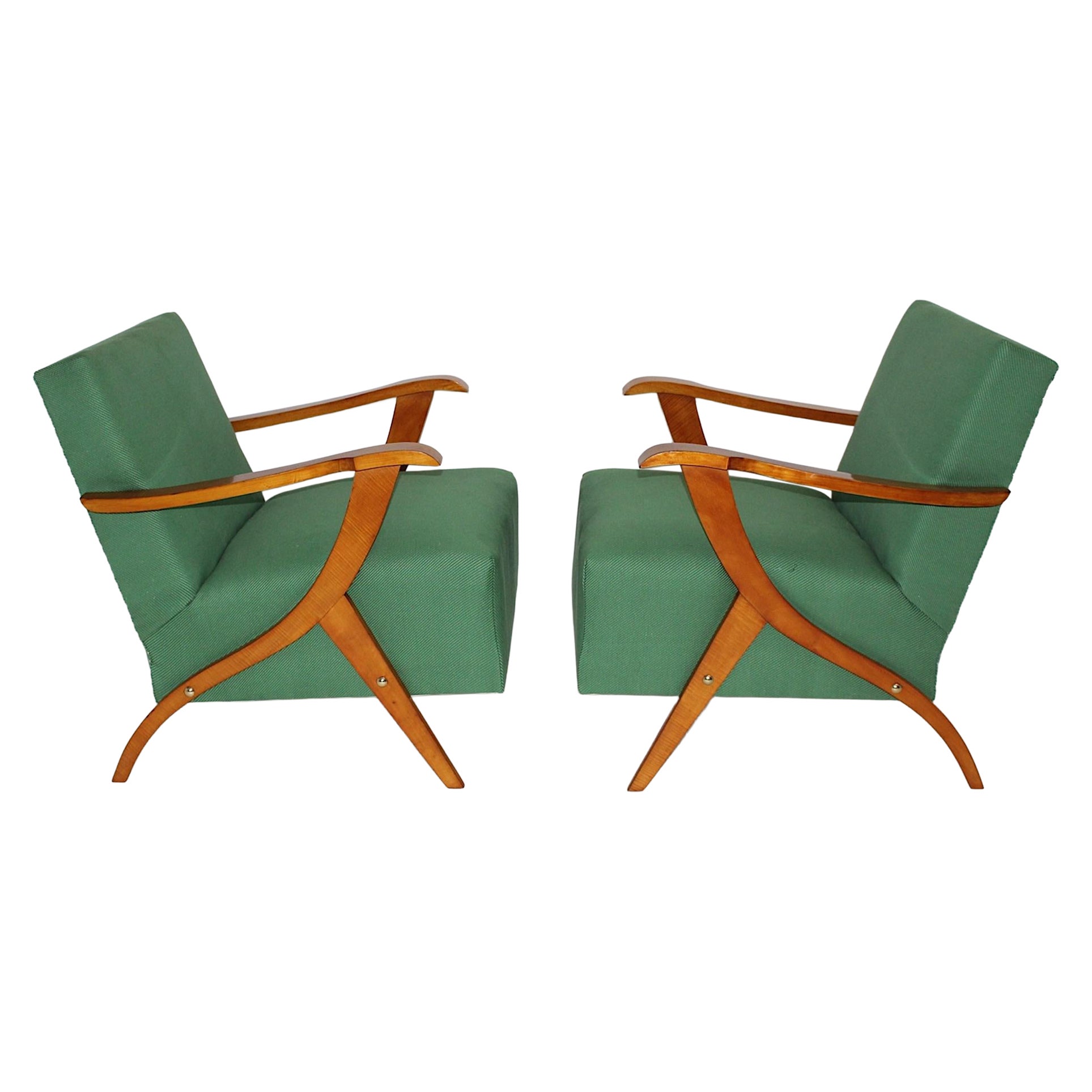 Mid Century Modern Pair Duo Maple Green Lounge Chairs Armchairs 1950 For Sale