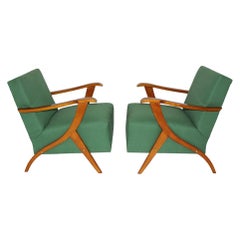 Mid Century Modern Pair Duo Maple Green Lounge Chairs Armchairs 1950