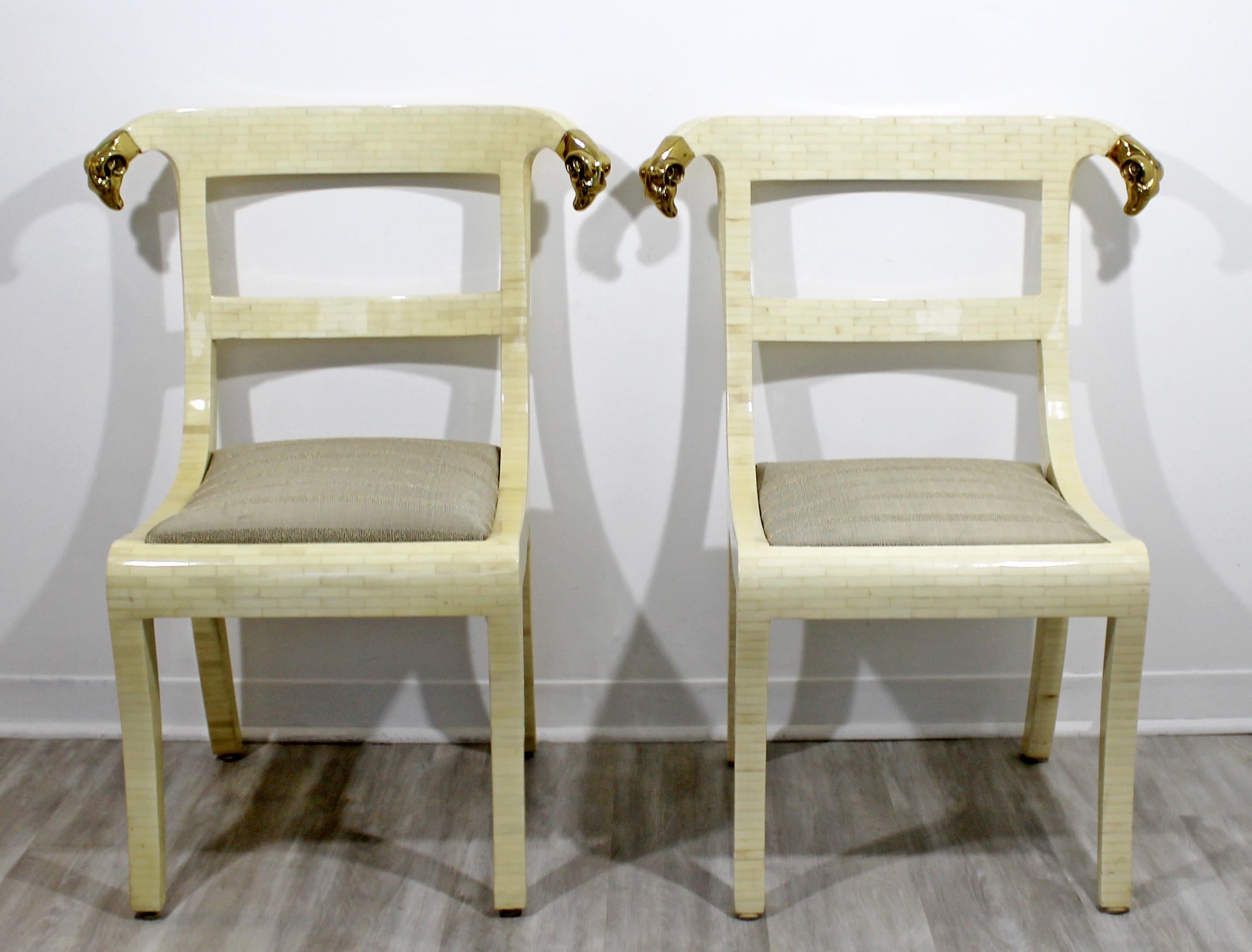 Colombian Mid-Century Modern Enrique Garcel Tessellated Stone Brass Rams Head Chairs, Pair
