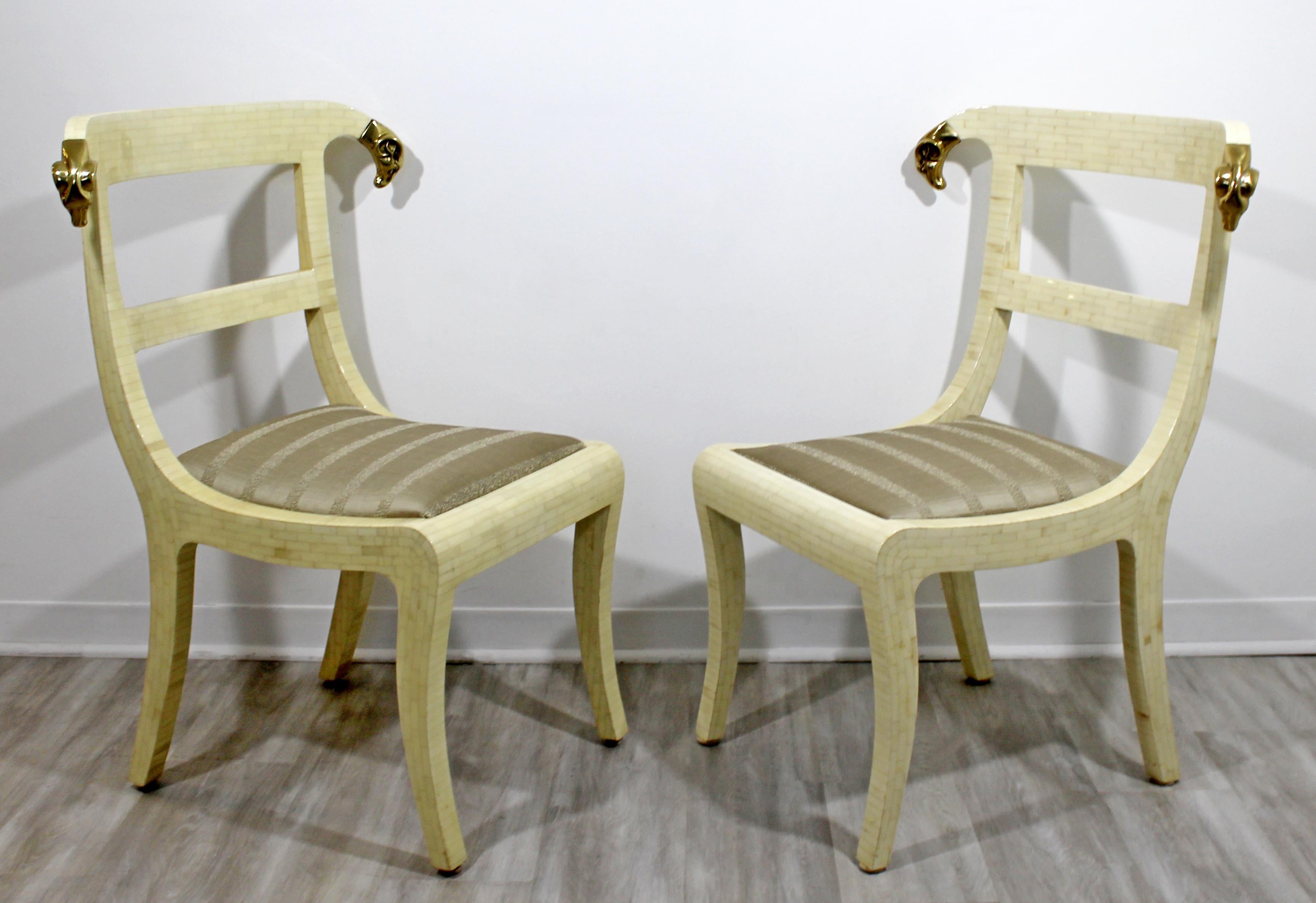 Mid-Century Modern Enrique Garcel Tessellated Stone Brass Rams Head Chairs, Pair In Good Condition In Keego Harbor, MI