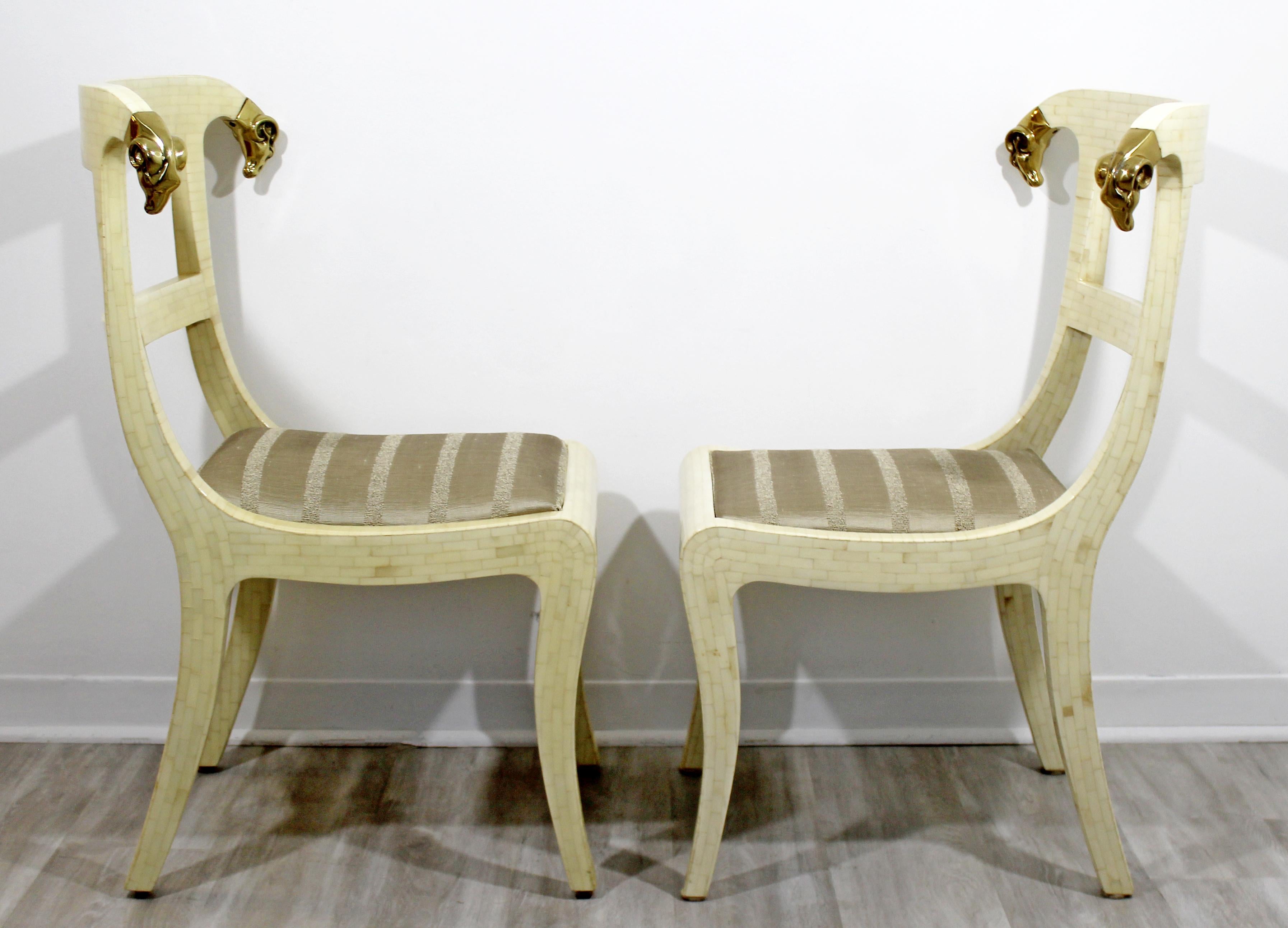 Late 20th Century Mid-Century Modern Enrique Garcel Tessellated Stone Brass Rams Head Chairs, Pair