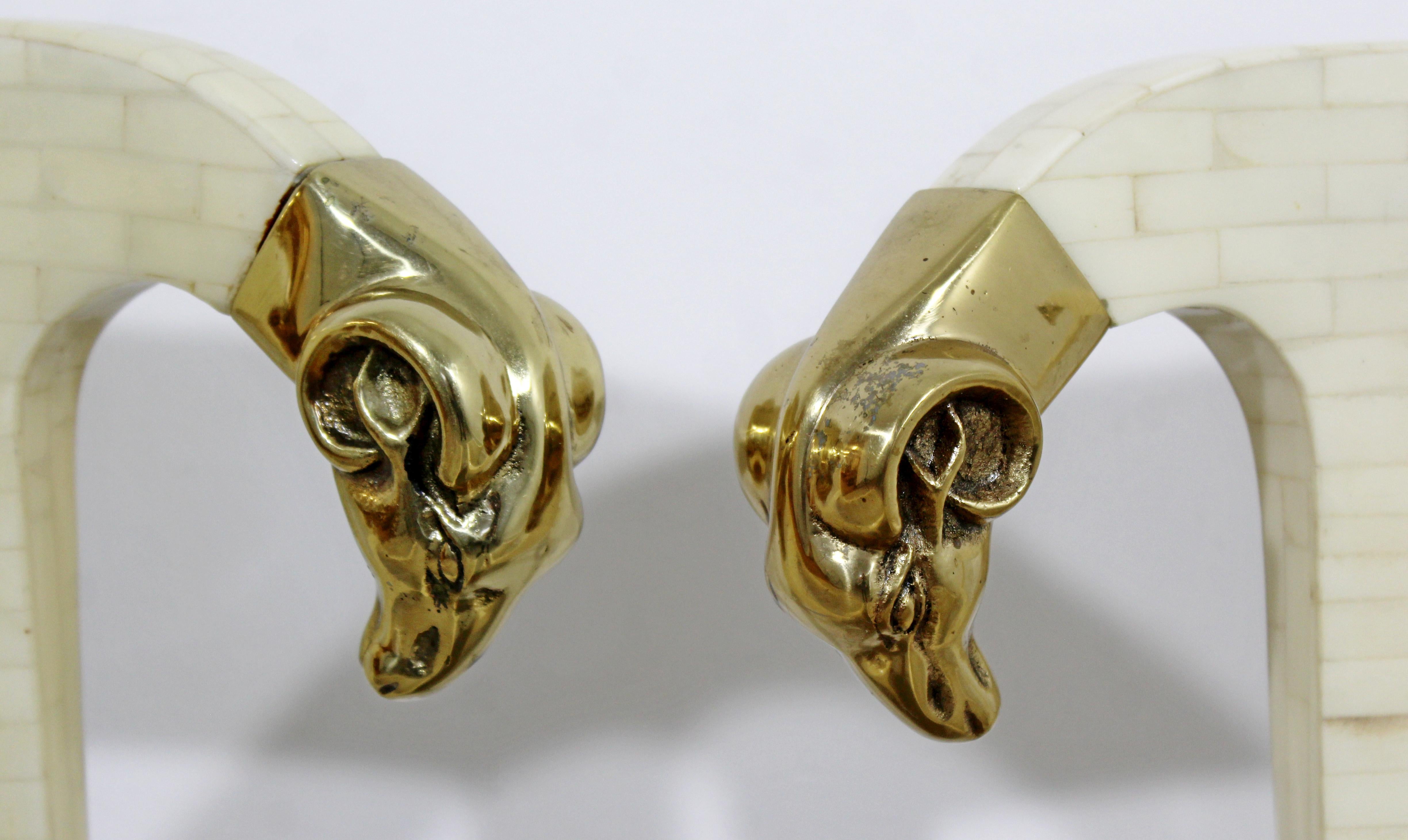Mid-Century Modern Enrique Garcel Tessellated Stone Brass Rams Head Chairs, Pair 4