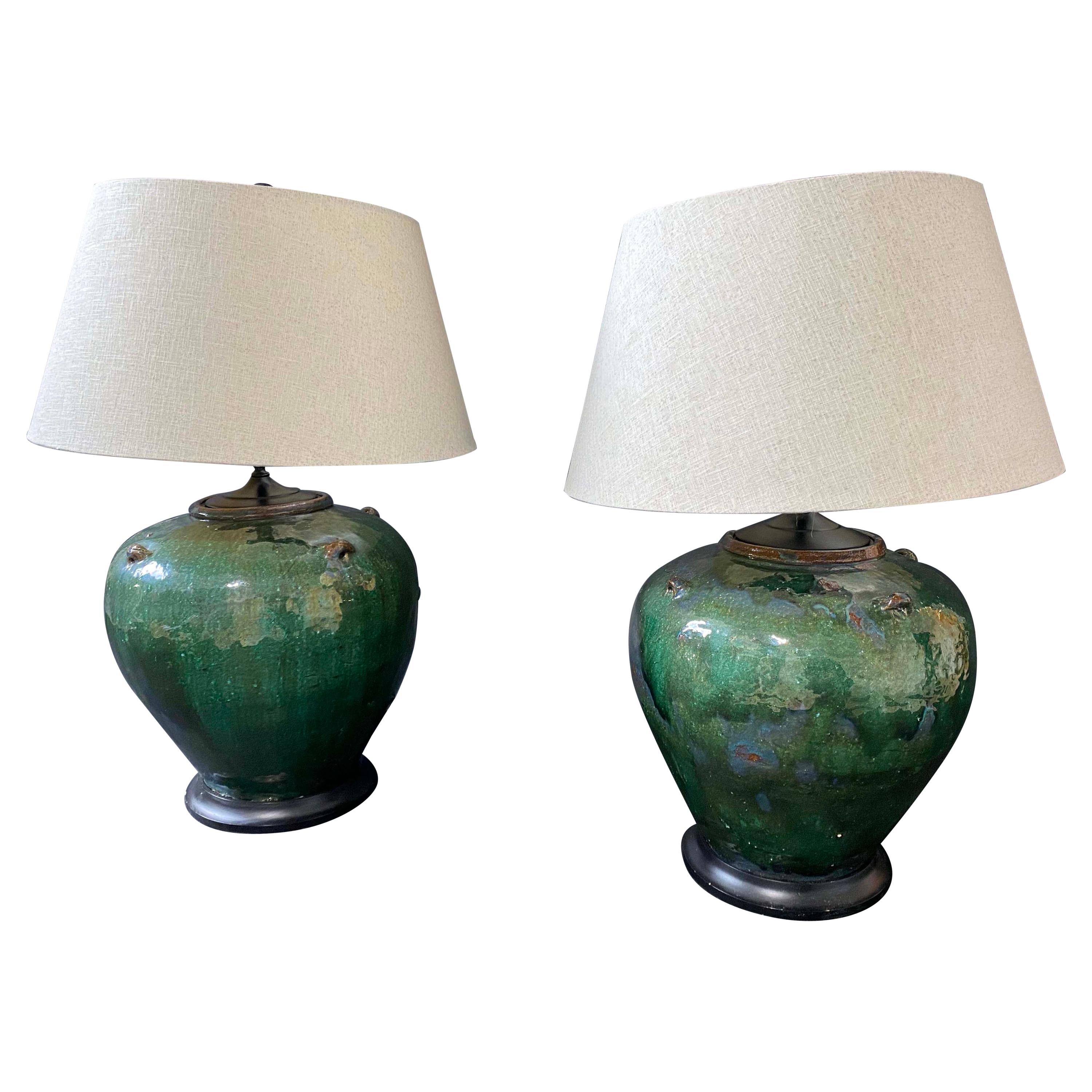 Mid-Century Modern Pair Green Drip Glaze Ceramic Table Lamps, 1960s