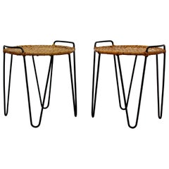 Vintage Mid-Century Modern Pair of Hairpin Iron Cane Stools Side Tables, Tony Paul 1950s
