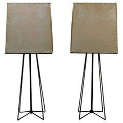 Mid-Century Modern Pair of Hairpin Iron Table Lamps by Tony Paul Original Shades