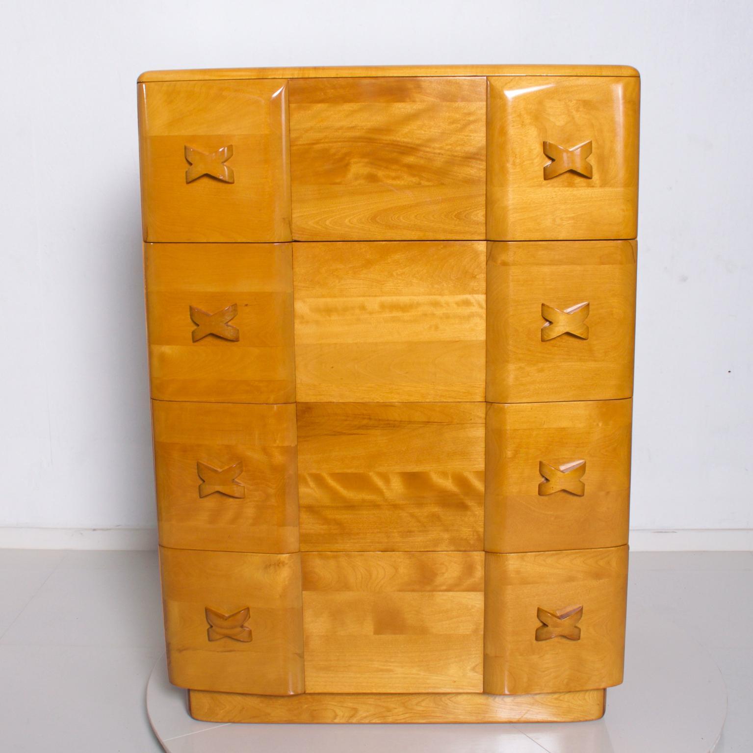 Art Deco Heywood Wakefield Classic Pair of Highboy Dressers Chest of Drawers in Maple Wood. Rio Tall Dressers.
Unparalleled construction of solid wood- built to last forever. From the 1940s. Designed by Leo Jiranek.
Dimensions are:  45 1/4