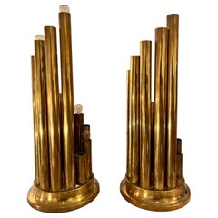 Mid Century Modern Pair Italian Brass Tubular Table Lamps by Gaetano Sciolari
