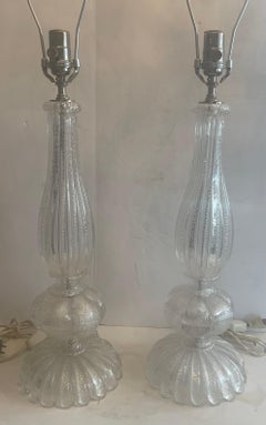 Mid-Century Modern Pair Italian Murano Seguso Venetian Clear Fluted Glass Lamps