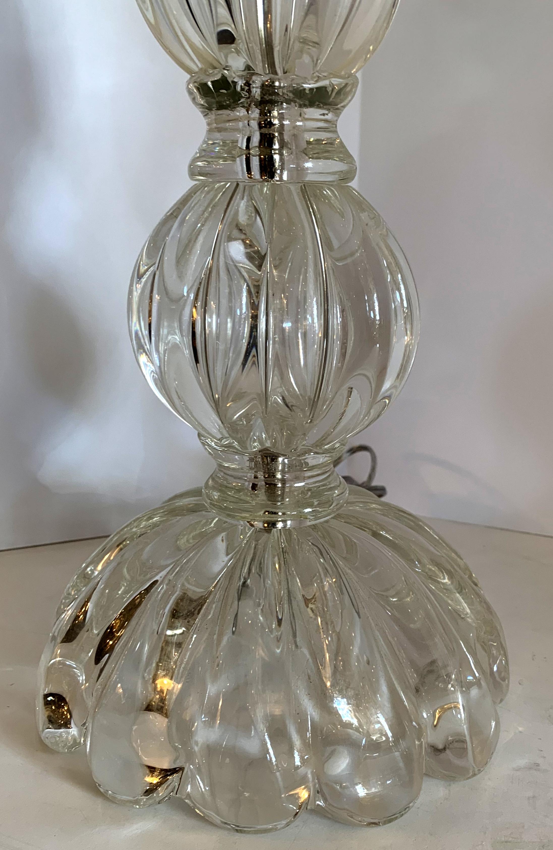 20th Century Mid-Century Modern Pair Italian Murano Seguso Venetian Clear Fluted Glass Lamps