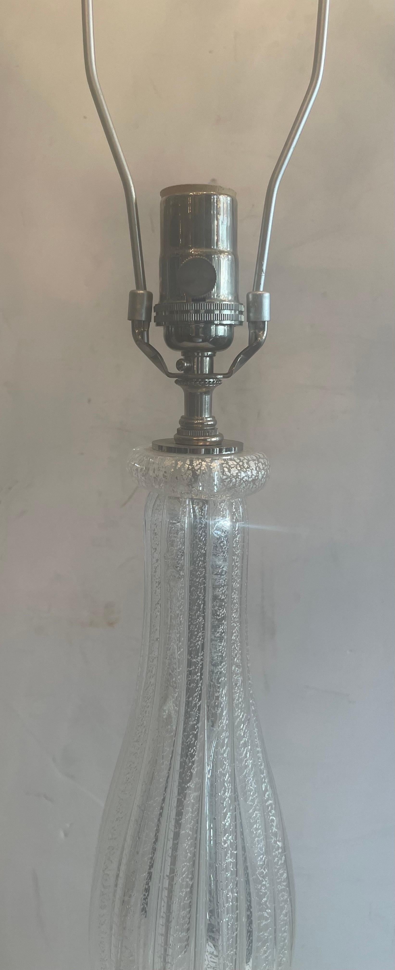 Art Glass Mid-Century Modern Pair Italian Murano Seguso Venetian Clear Fluted Glass Lamps For Sale