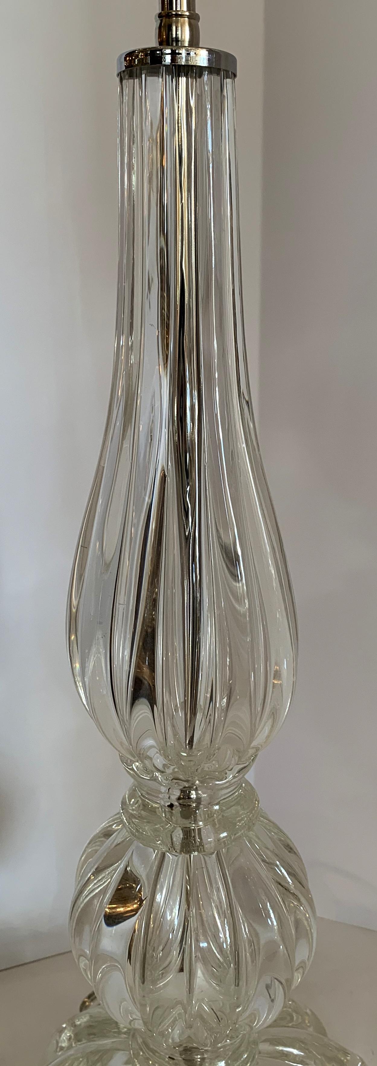 Nickel Mid-Century Modern Pair Italian Murano Seguso Venetian Clear Fluted Glass Lamps