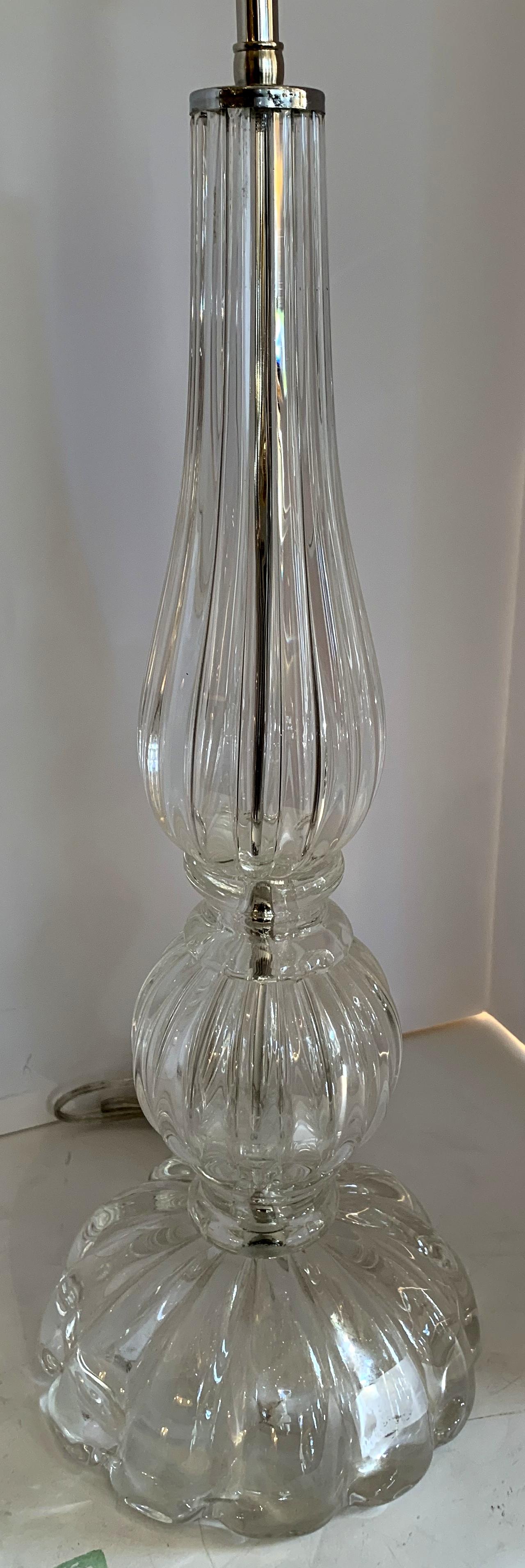 Mid-Century Modern Pair Italian Murano Seguso Venetian Clear Fluted Glass Lamps 1