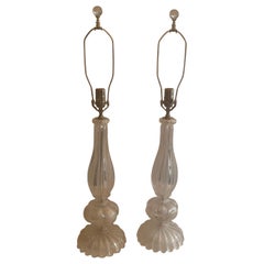 Mid-Century Modern Pair Italian Murano Seguso Venetian Clear Fluted Glass Lamps