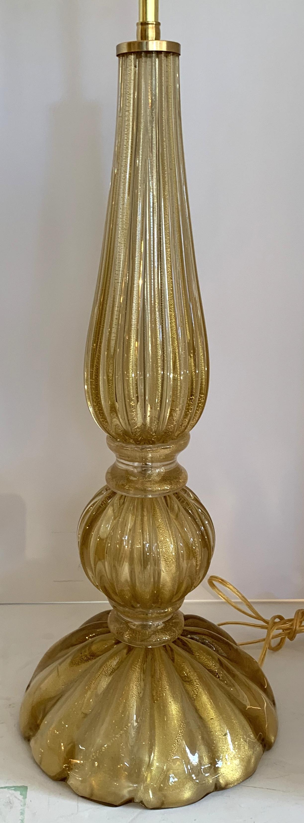 20th Century Mid-Century Modern Pair Italian Murano Seguso Venetian Gold Fluted Glass Lamps