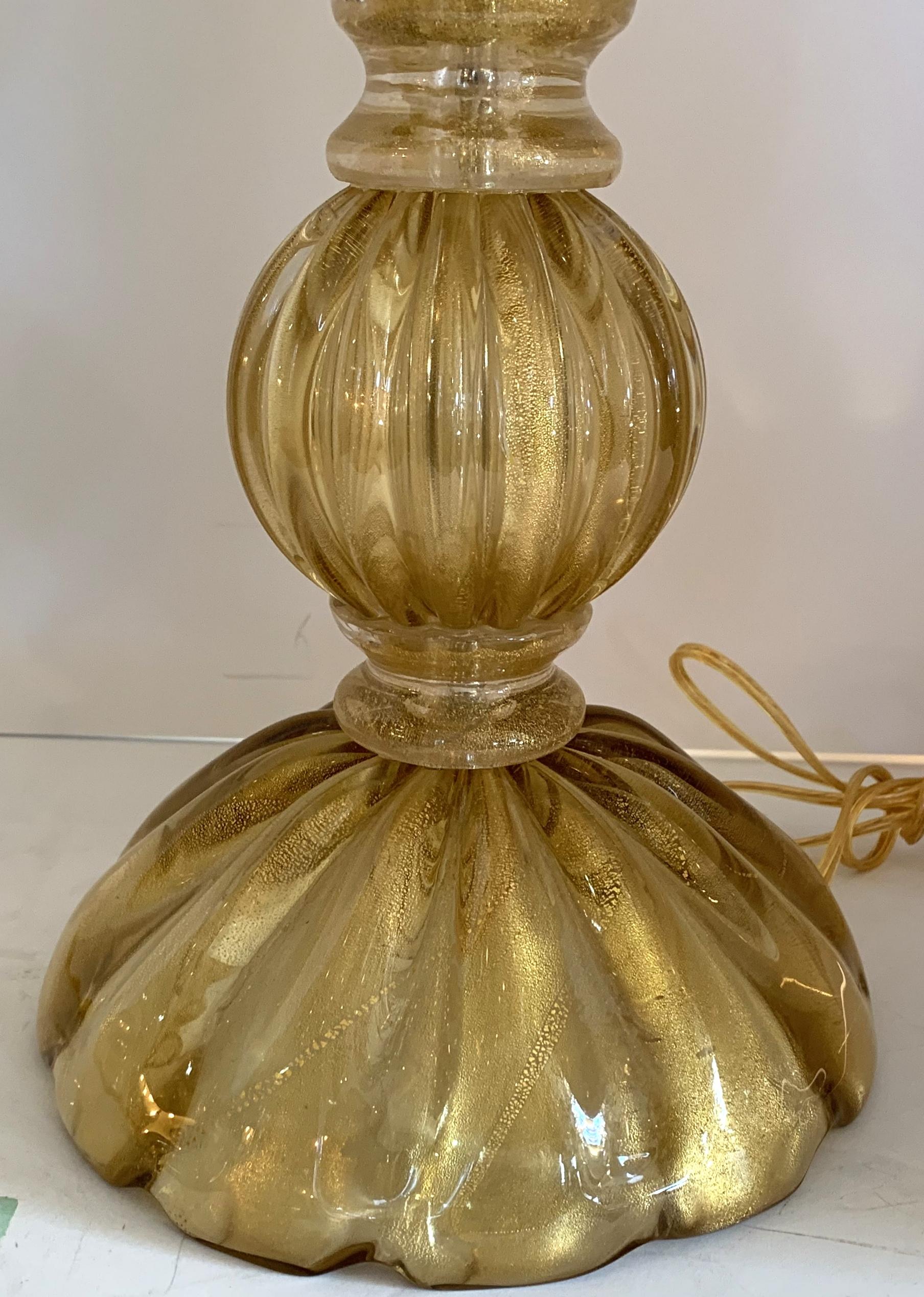 Brass Mid-Century Modern Pair Italian Murano Seguso Venetian Gold Fluted Glass Lamps