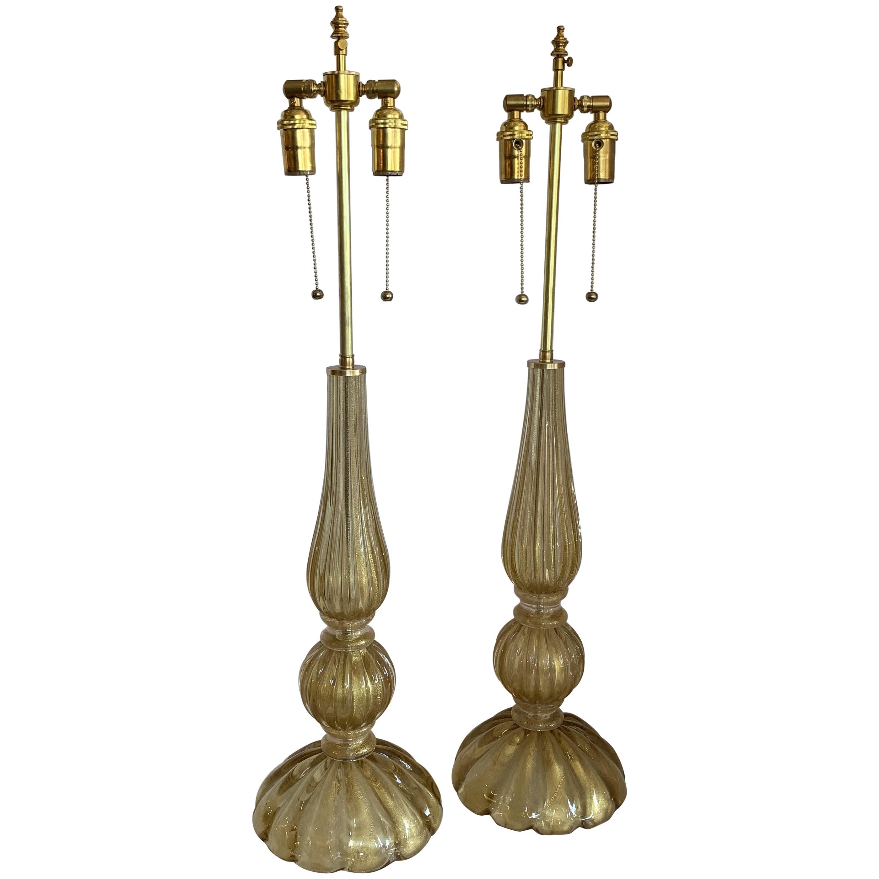 Mid-Century Modern Pair Italian Murano Seguso Venetian Gold Fluted Glass Lamps