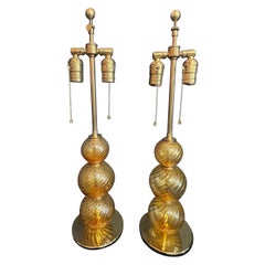 Mid-Century Modern Pair Italian Venetian Swirl Murano Glass Lamps Lorin Marsh